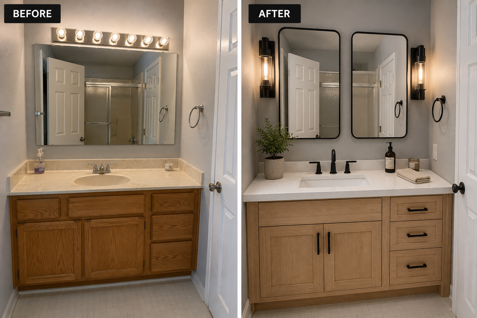 Bathroom vanity before and after renovation: left side with older oak cabinet and beige countertop, right side with new light wood cabinet, white countertop, black fixtures, two mirrors, and modern decor.