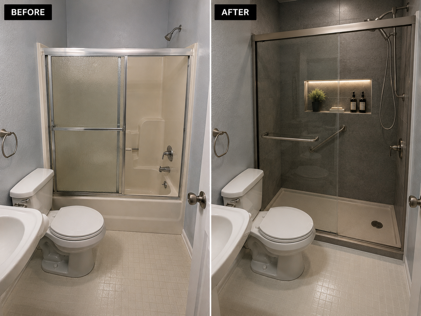 Before and after images of a bathroom renovation. The before picture shows a bathroom with a beige shower stall, a toilet, and light-colored walls. The after picture shows the same bathroom with a renovated darker shower with a built-in niche, a pott
