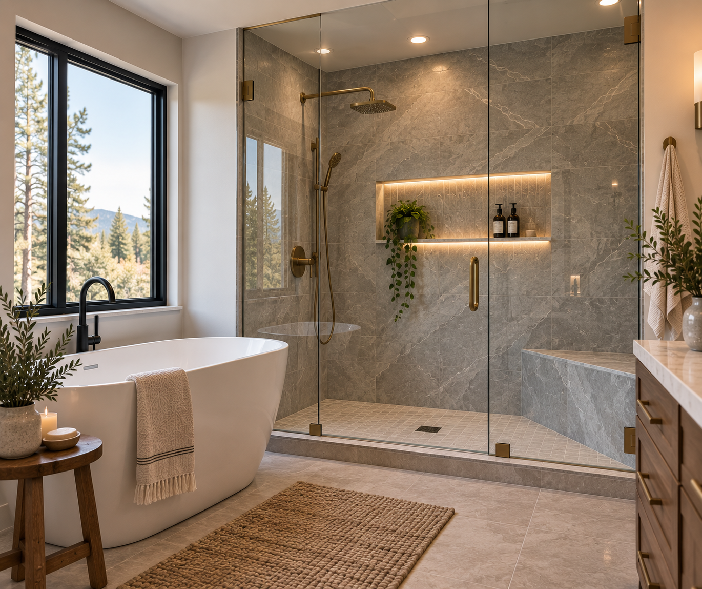 A modern bathroom with a freestanding bathtub, large window, and a walk-in shower with gray marble walls, glass door, and built-in shelves with plants and toiletries. There is a wooden side table with a plant and candles, beige rug, and a vanity with a towel hanging on a wall hook.