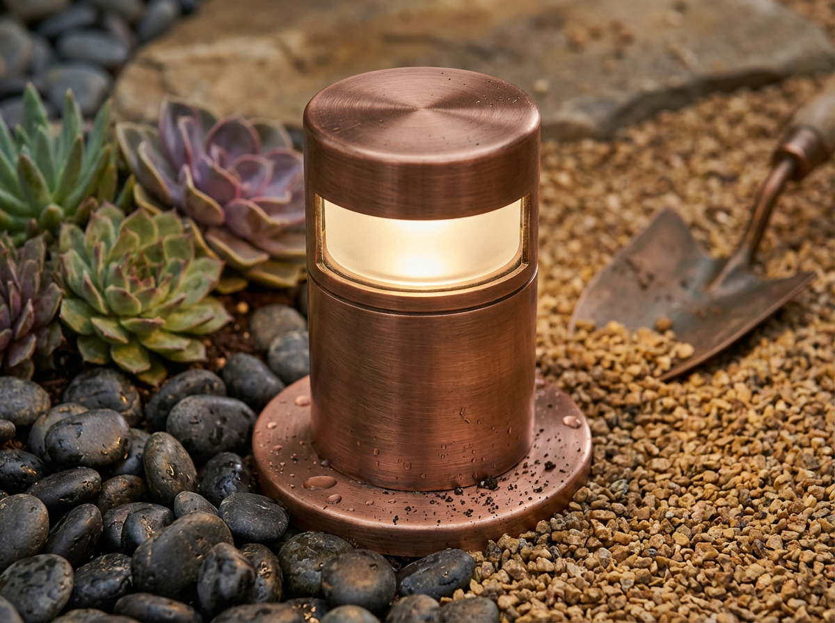 A copper outdoor garden lamp illuminating a garden bed with succulents, small rocks, and a gardening trowel.