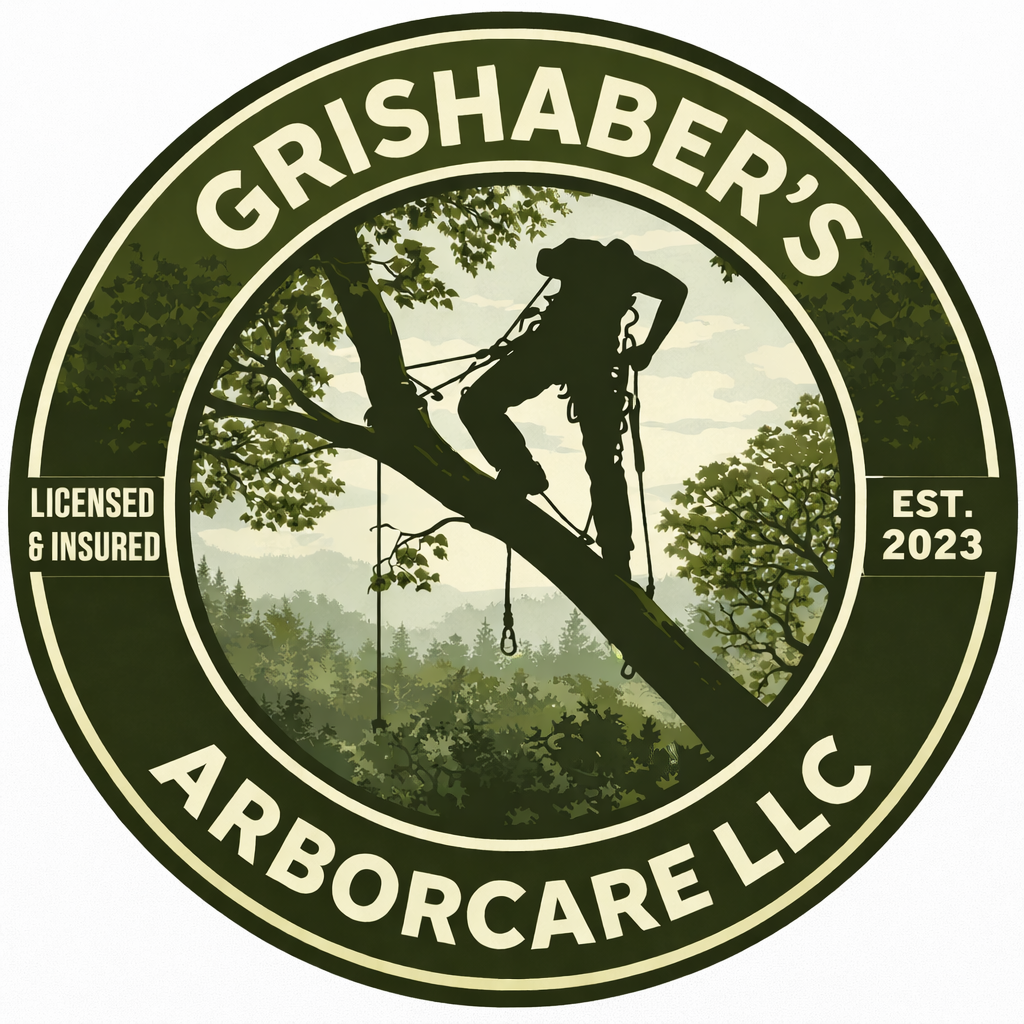 A tree worker is climbing a tree with safety gear against a background of forest and sky, encircled by a logo reading 'Grishaber's ArborCare LLC, licensed and insured, established 2023'.
