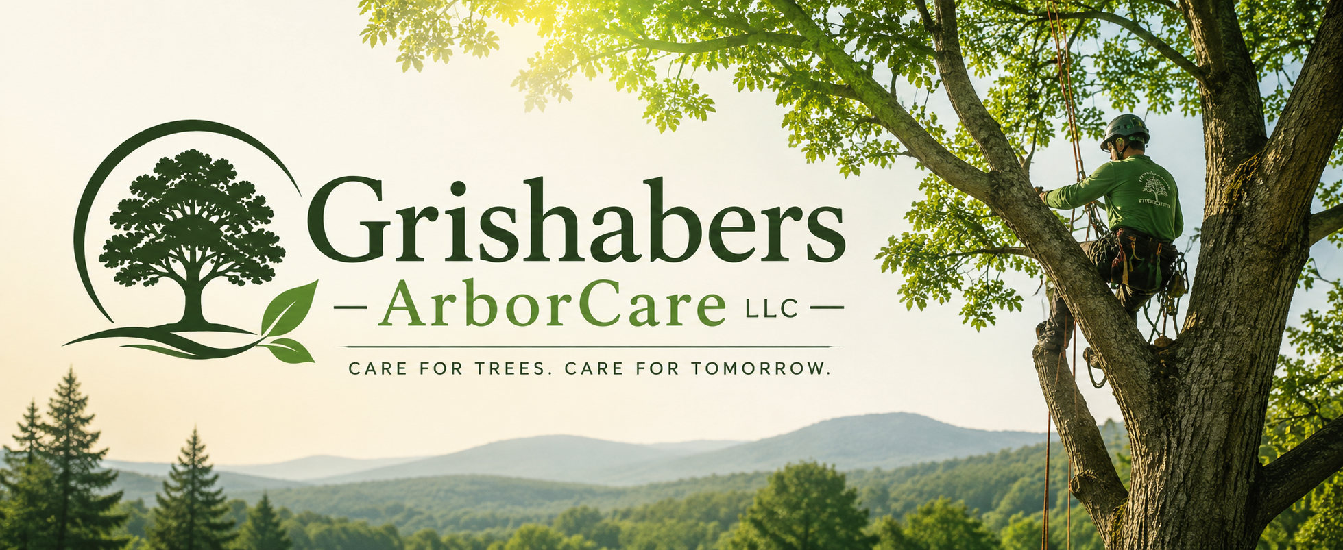 A graphic with a tree logo and the text 'Grishabs ArborCare LLC' and the tagline 'Care for trees. Care for tomorrow.' A man wearing a helmet is pruning a large tree with green leaves against a background of a forested mountain landscape.