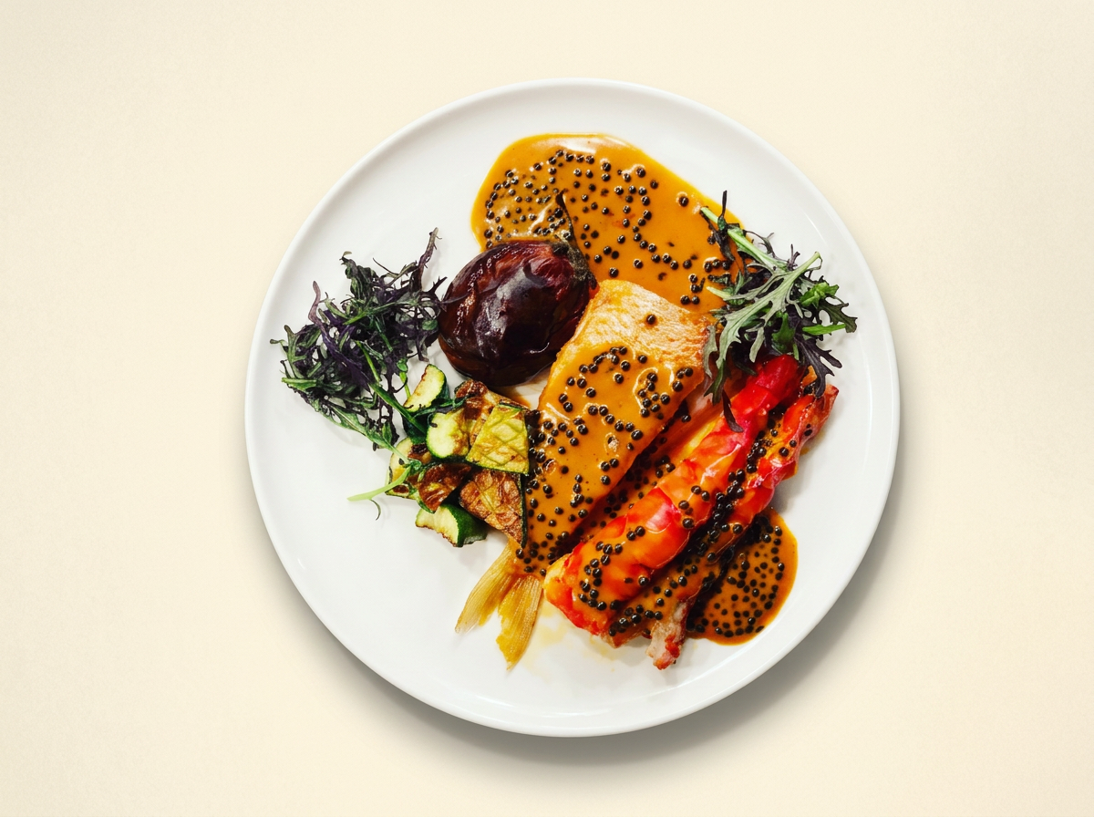 Plate with grilled fish, sauce, vegetables, and garnishes