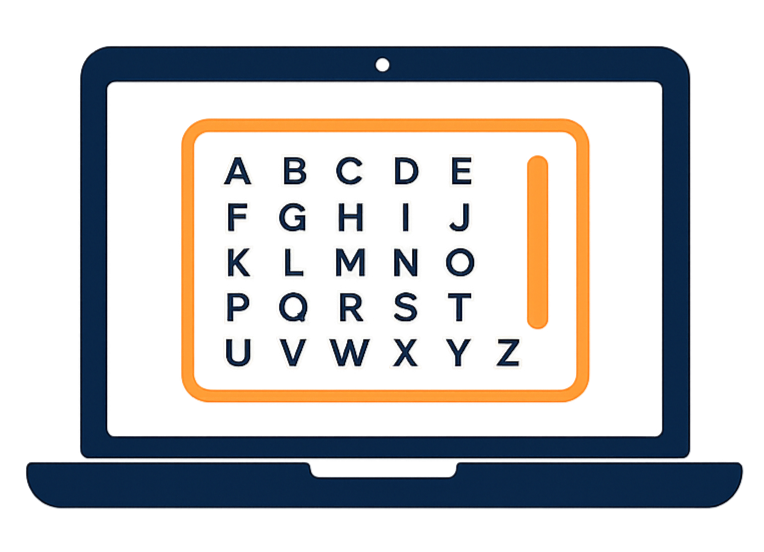 Laptop screen displays the alphabet from A to Z with a yellow border and a yellow vertical line on the right side.