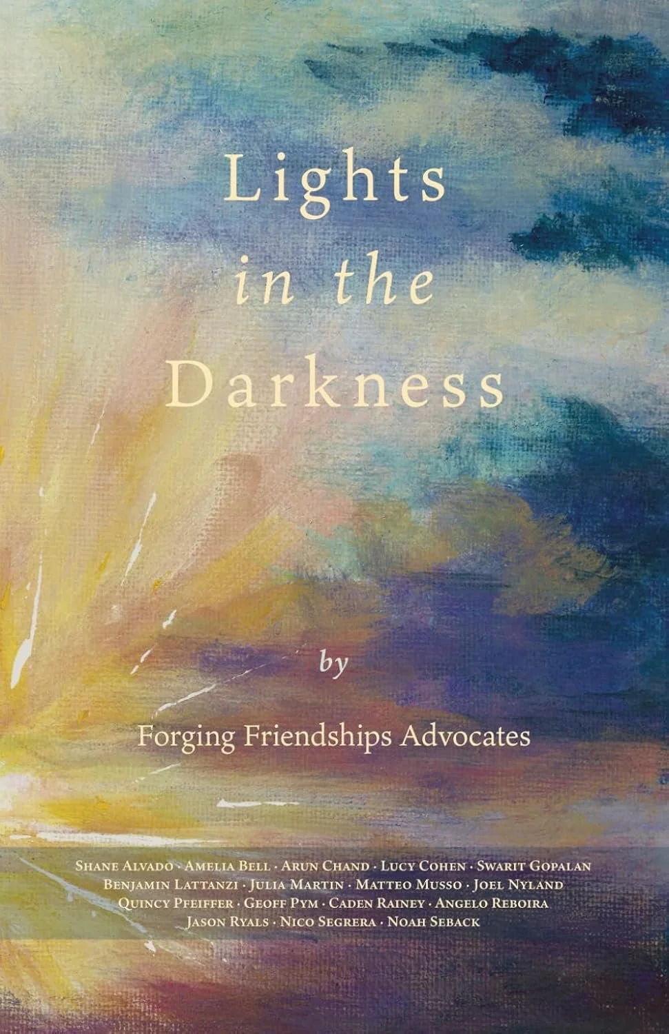 Book cover titled 'Lights in the Darkness' with a colorful abstract background and list of authors at the bottom.