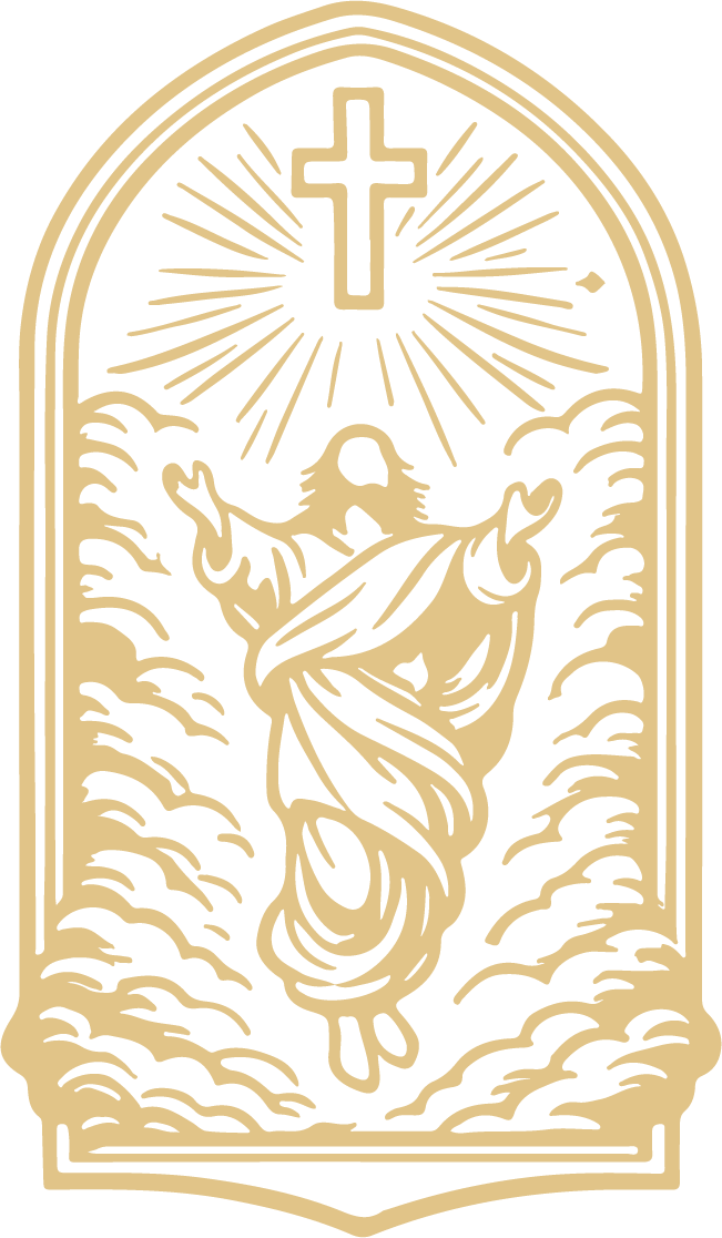 Religious illustration of Jesus ascending towards a cross with radiating light, surrounded by clouds.