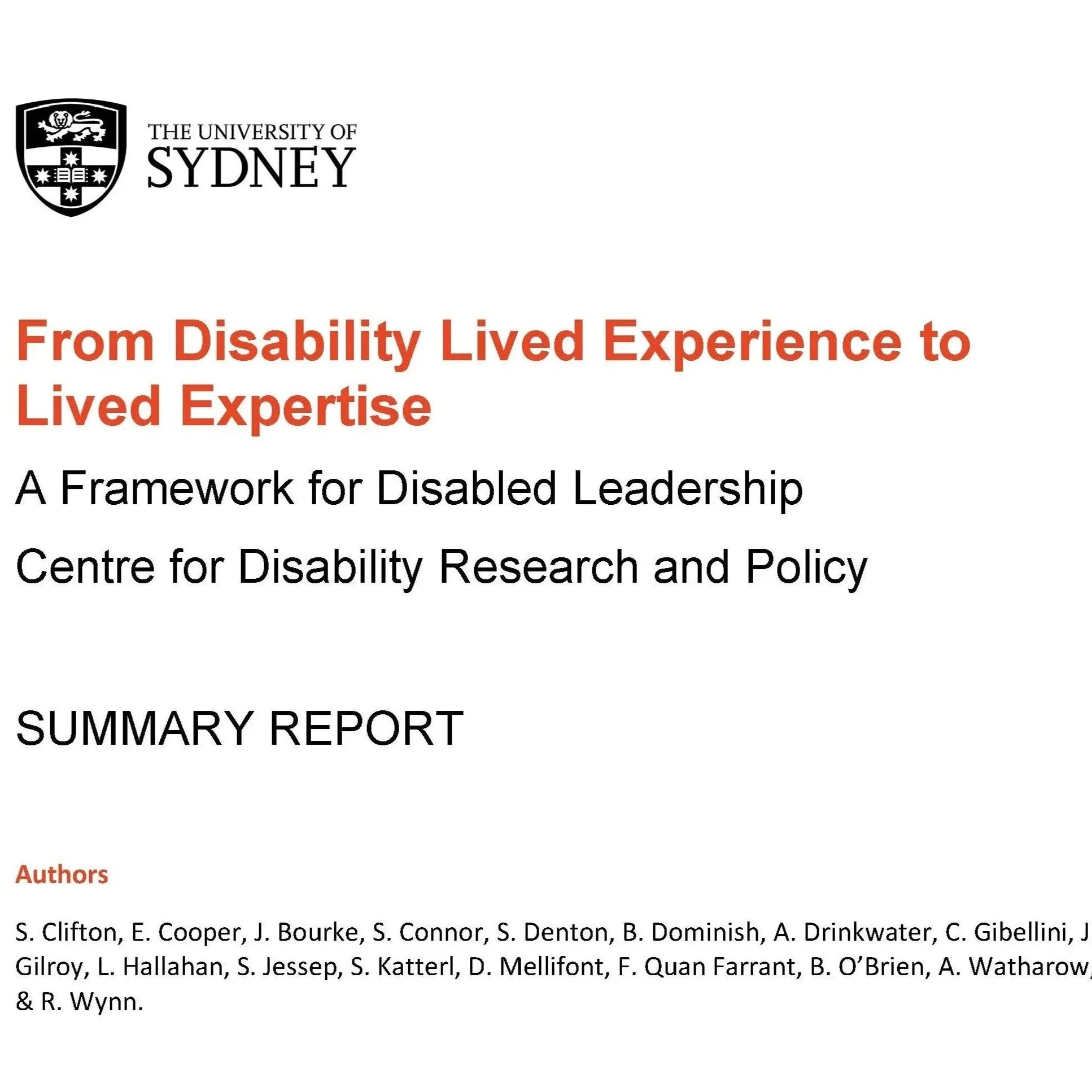 Cover page of a research report titled 'From Disability Lived Experience to Lived Expertise,' associated with the University of Sydney, authored by multiple authors listed at the bottom.