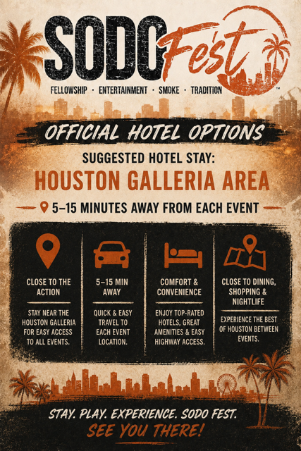 A promotional poster for SODO Fest featuring official hotel options near Houston Galleria. The poster highlights proximity to events, quick travel time, comfort, and nightlife, with visual elements like palm trees, city skyline, and a Ferris wheel.