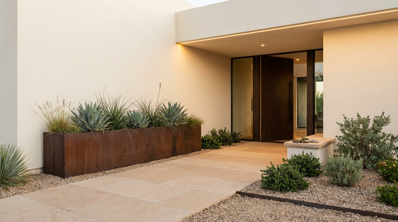 Modern house entrance with a concrete walkway, metal planter with succulents, and desert shrubs, with a dark wood sliding door.
