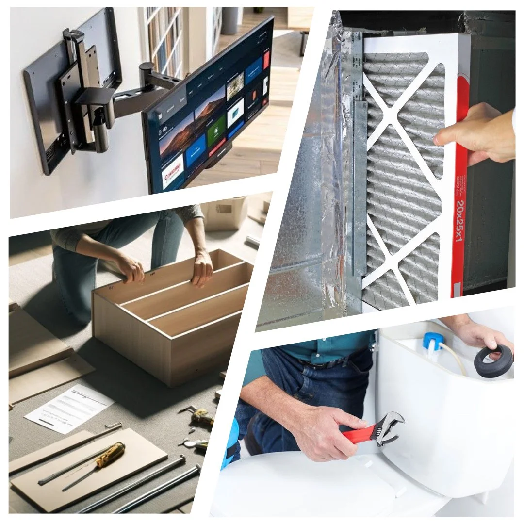 Images depicting home improvement and furniture assembly. The top left shows a mounted TV on a wall. The top right shows a person holding an air filter. The bottom left shows a person assembling a wooden furniture piece with tools on a table. The bottom right shows a person fixing plumbing under a sink with a wrench.
