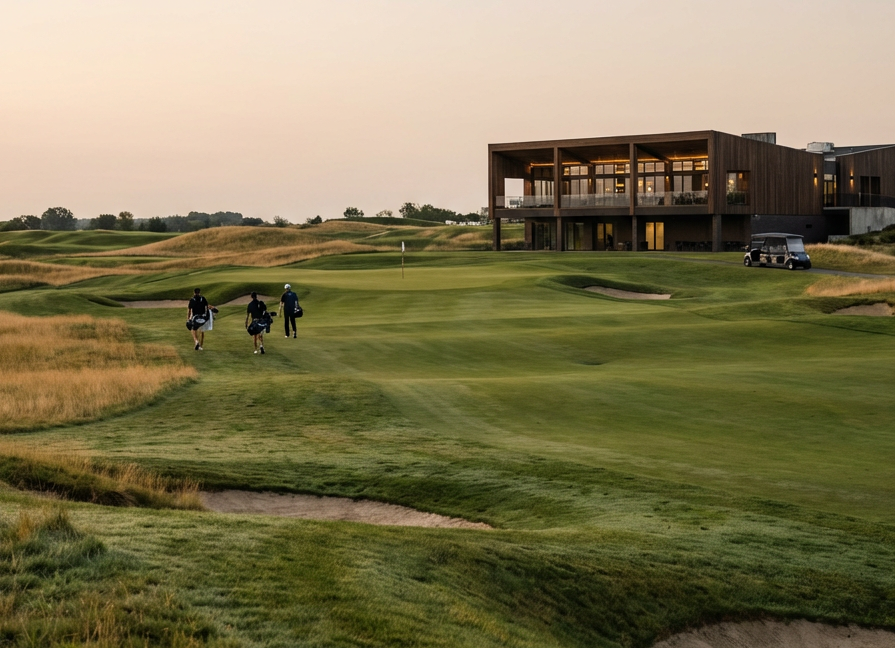 Golf course with three golfers walking towards the green, a modern clubhouse in the background, and a golf cart parked near the building, under a sunset sky.