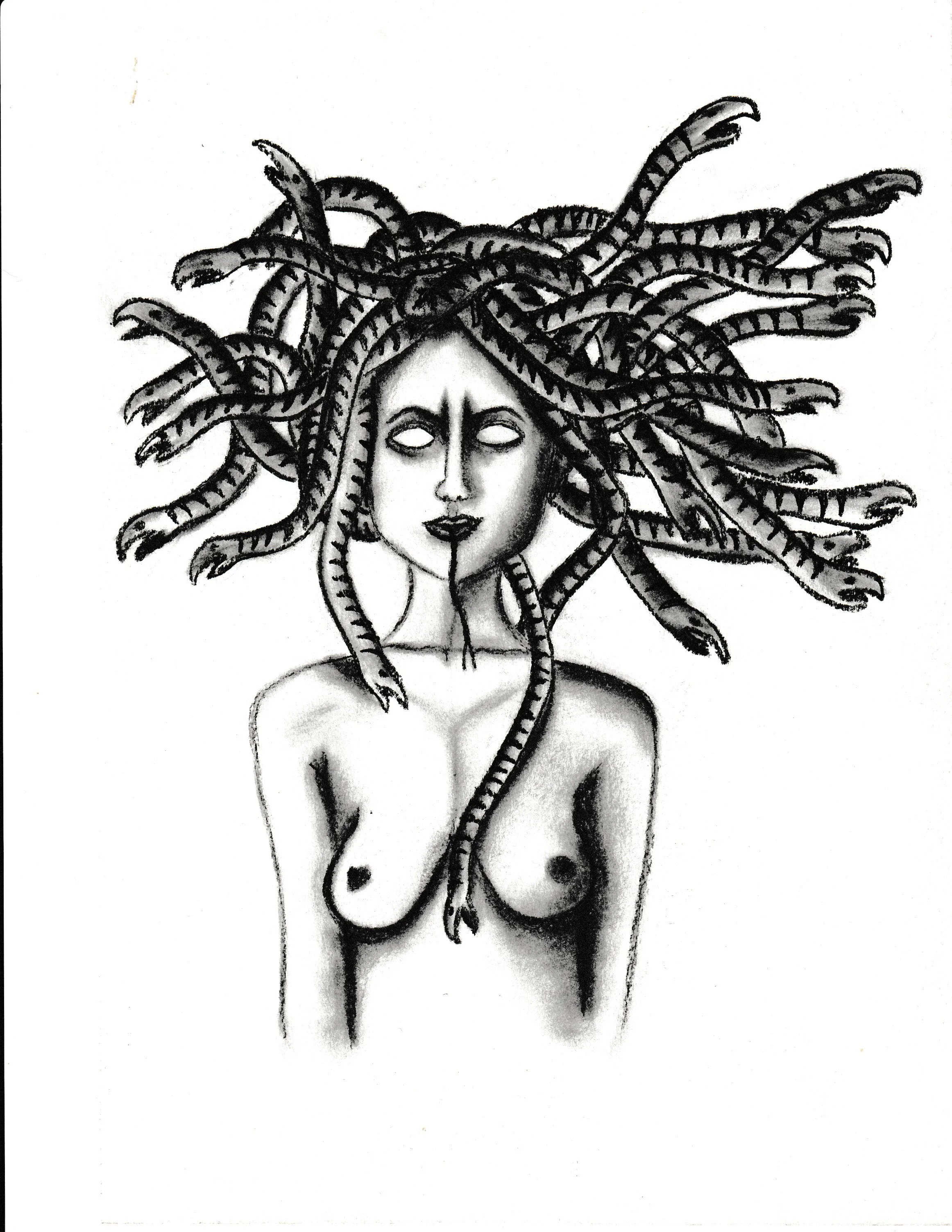 Black and white drawing of a woman with snake hair, resembling Medusa, with a serious facial expression, showing her shoulders and upper chest.