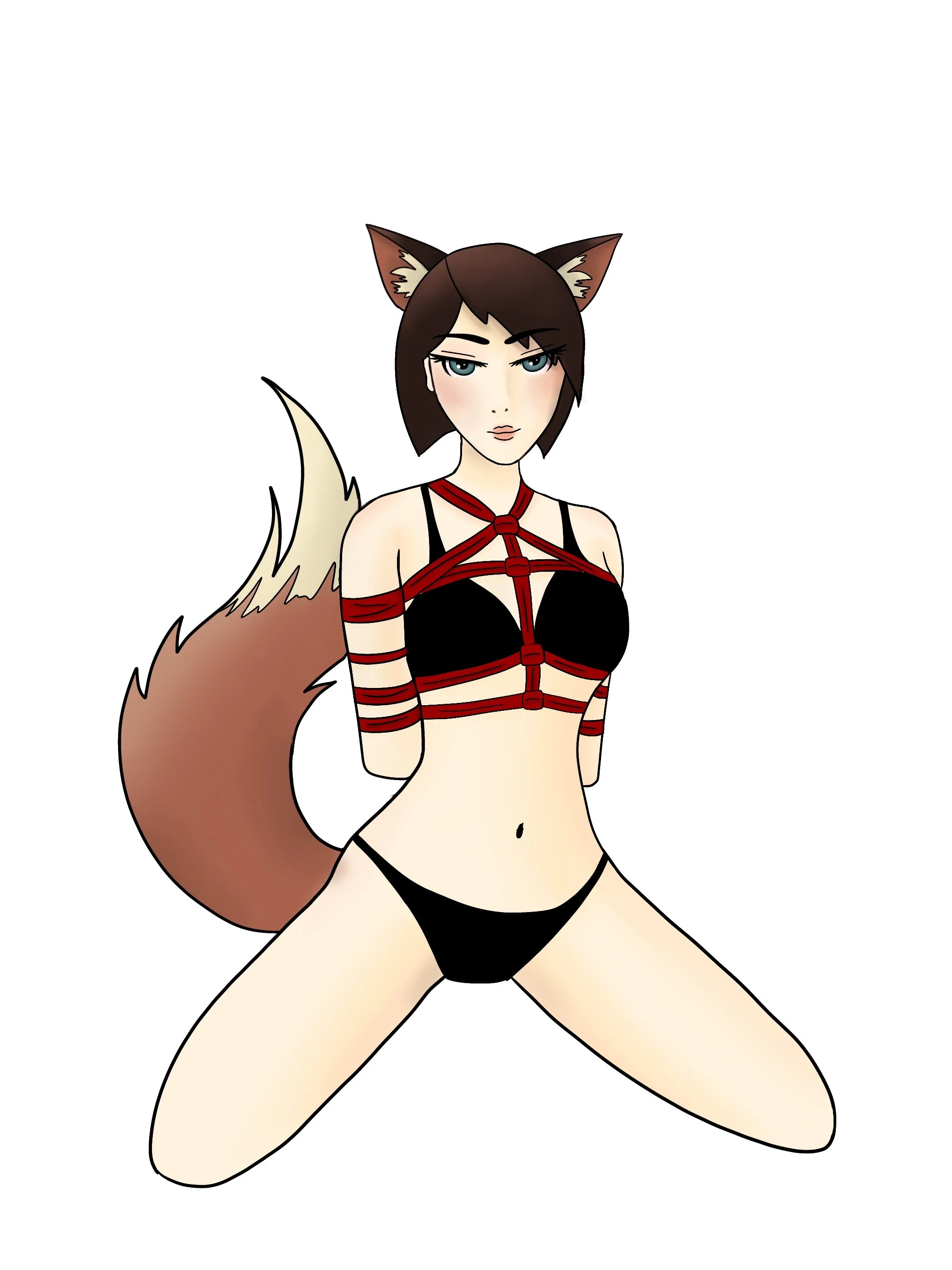 A female anime-style character with fox ears and tail wearing black and red lingerie, posed with legs spread and arms raised.