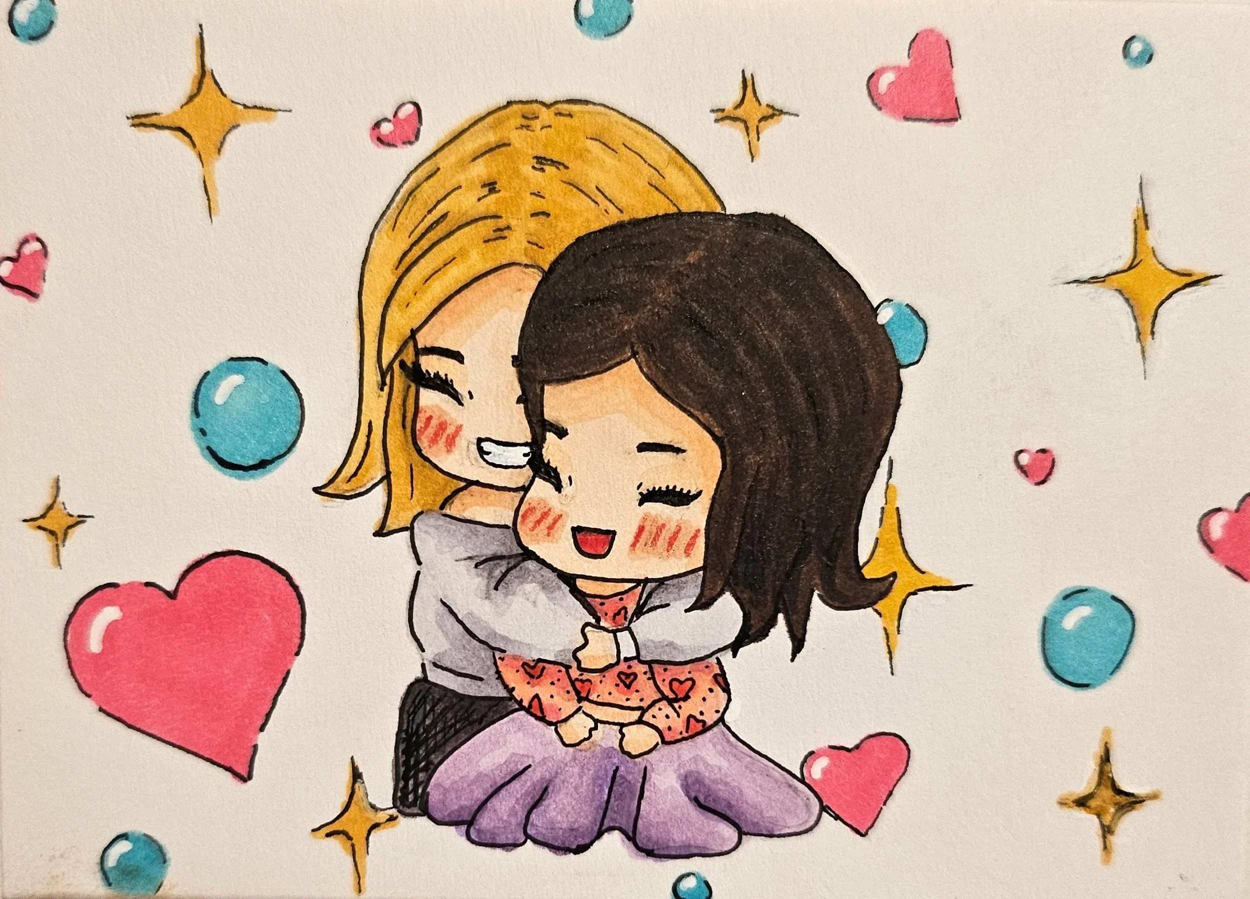 Colorful illustration of two children hugging, surrounded by hearts, stars, and circles in a playful pattern.