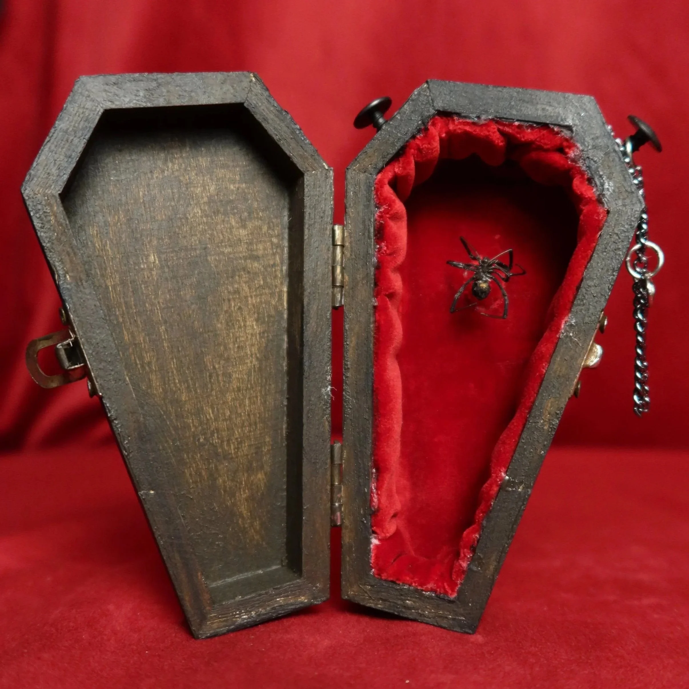 A coffin shapes box with red velvet interior holding a spider.