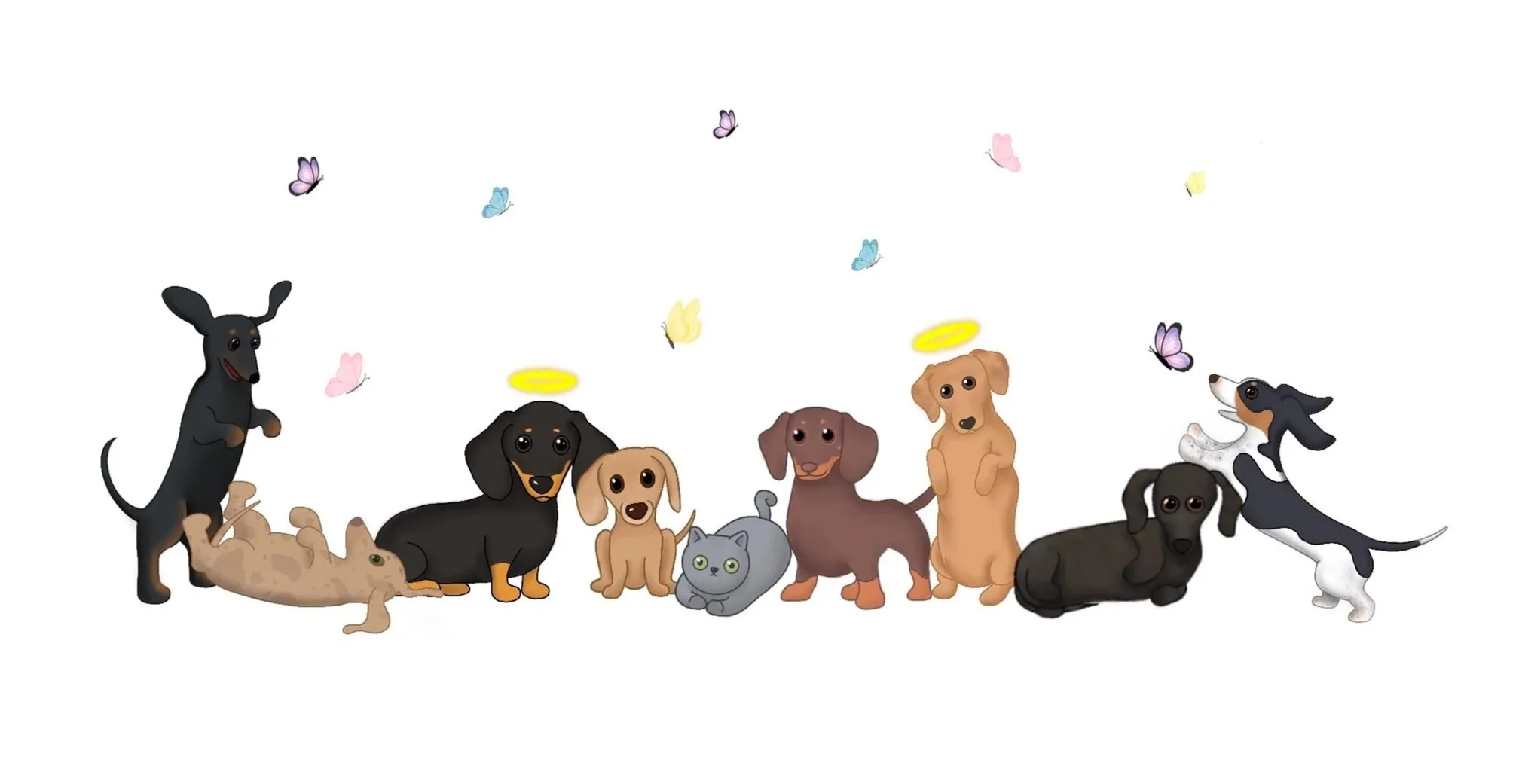 Illustration of various cartoon dogs and a cat, some with angel halos, surrounded by colorful butterflies, on a white background.