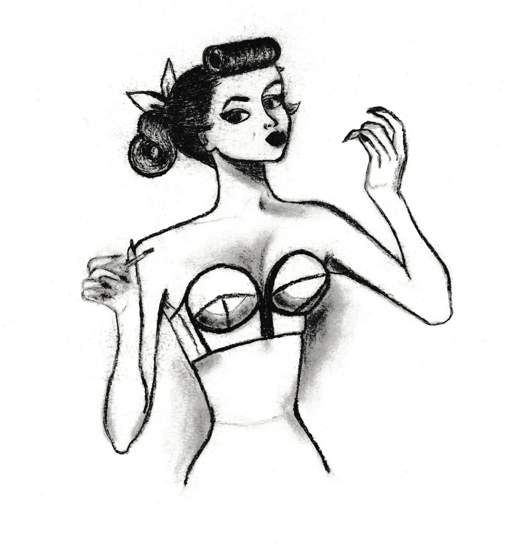 A black and white sketch of a woman with vintage hairstyle, makeup, and lingerie, holding a cigarette.