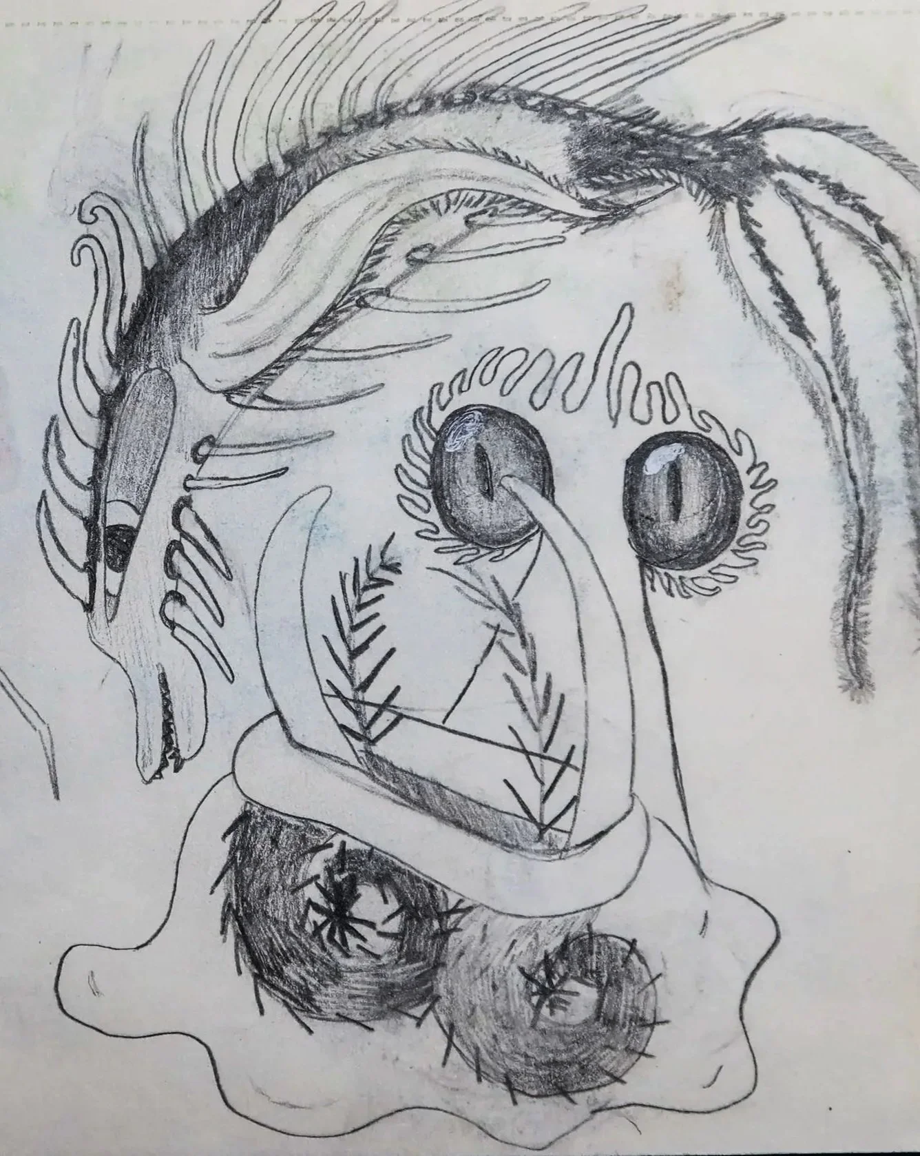 A pencil sketch of a creature with horns, large eyes, and various detailed textures, featuring intricate line work and shading.