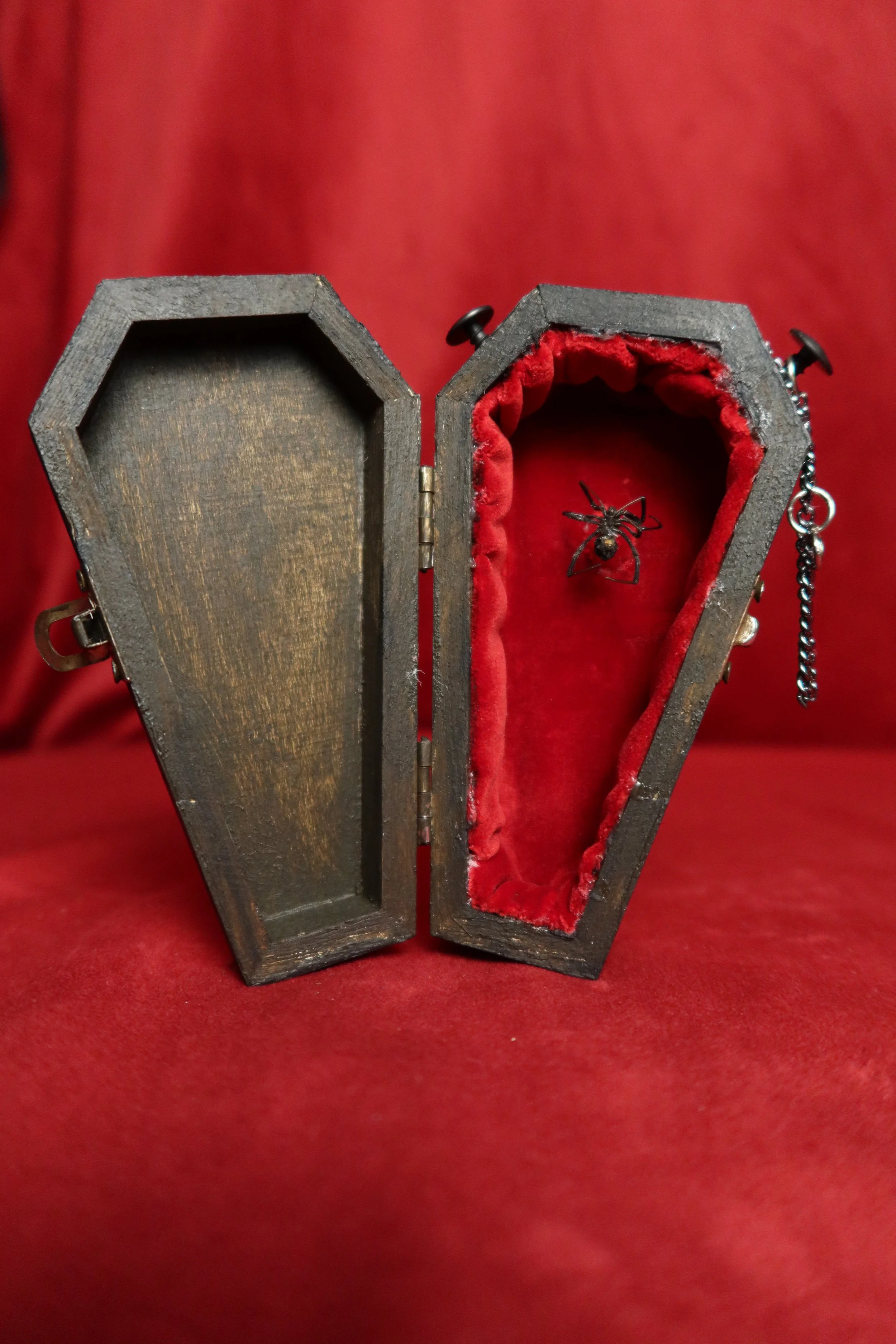 A black coffin with red velvet lining, open to reveal a black spider inside, set against a red background.