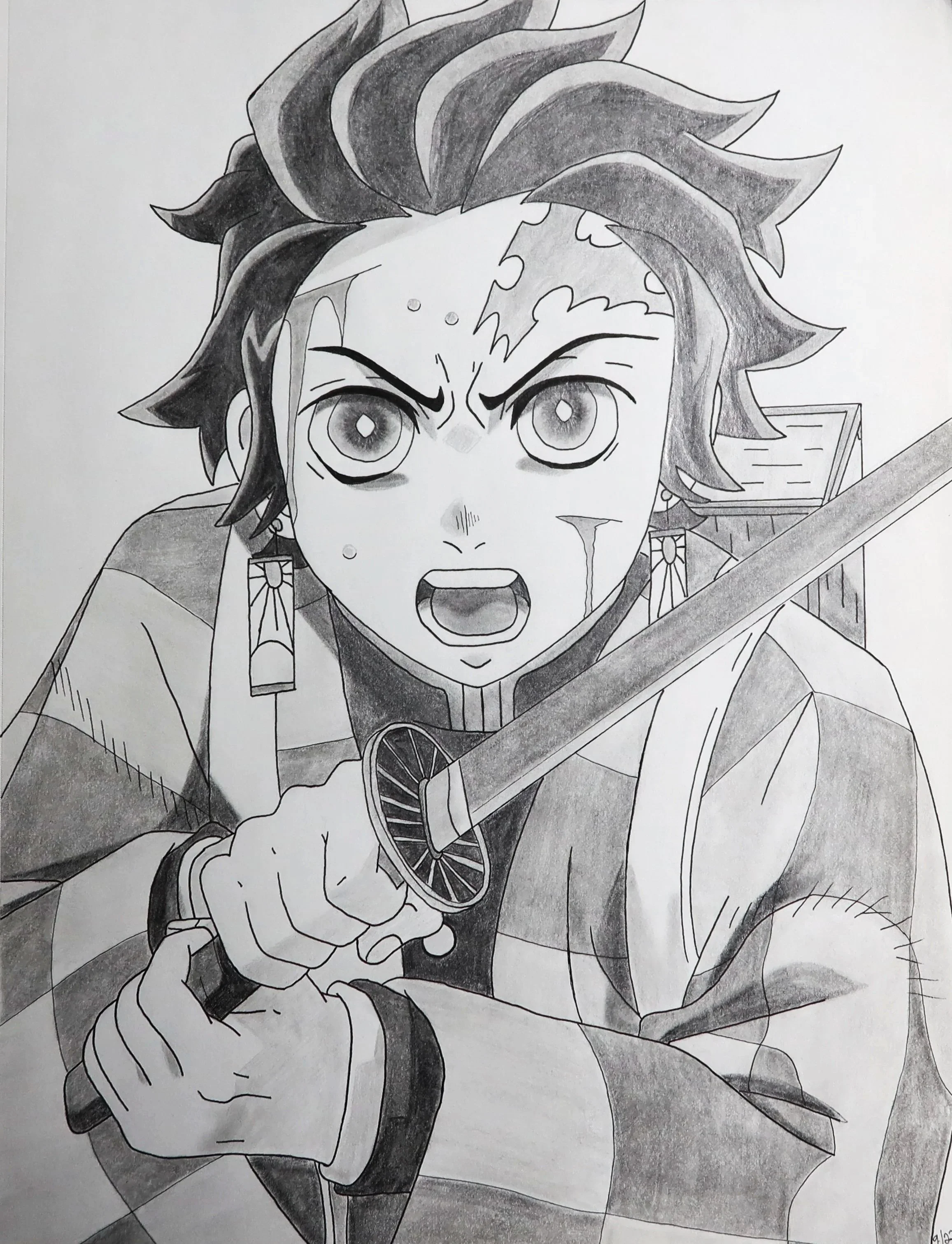 A black and white drawing of a character with spiky hair, intense eyes, and an angry expression, holding a sword.