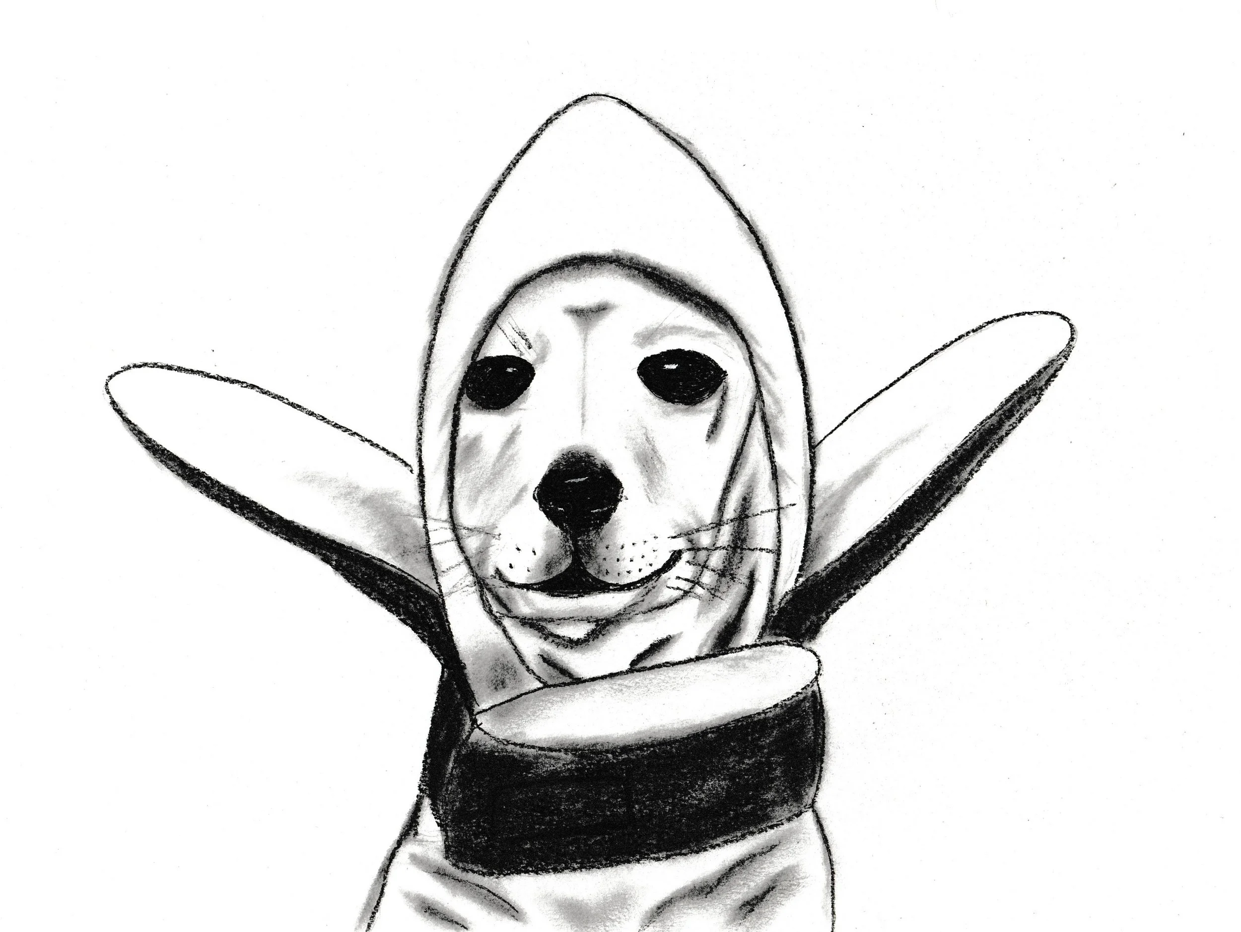 A black and white sketch of a dog with large, dark eyes, a black nose, and a wide smile, wearing a hoodie and raising its paws.