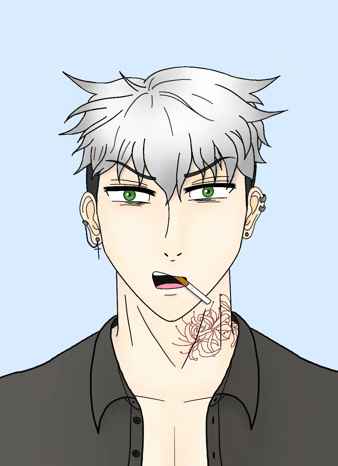 A digital illustration of a young man with light gray, messy hair and green eyes. He has earrings, including hoops and piercings, and a tattoo of flowers on his neck. He is wearing a black shirt with the top buttons undone, and a cigarette is held in