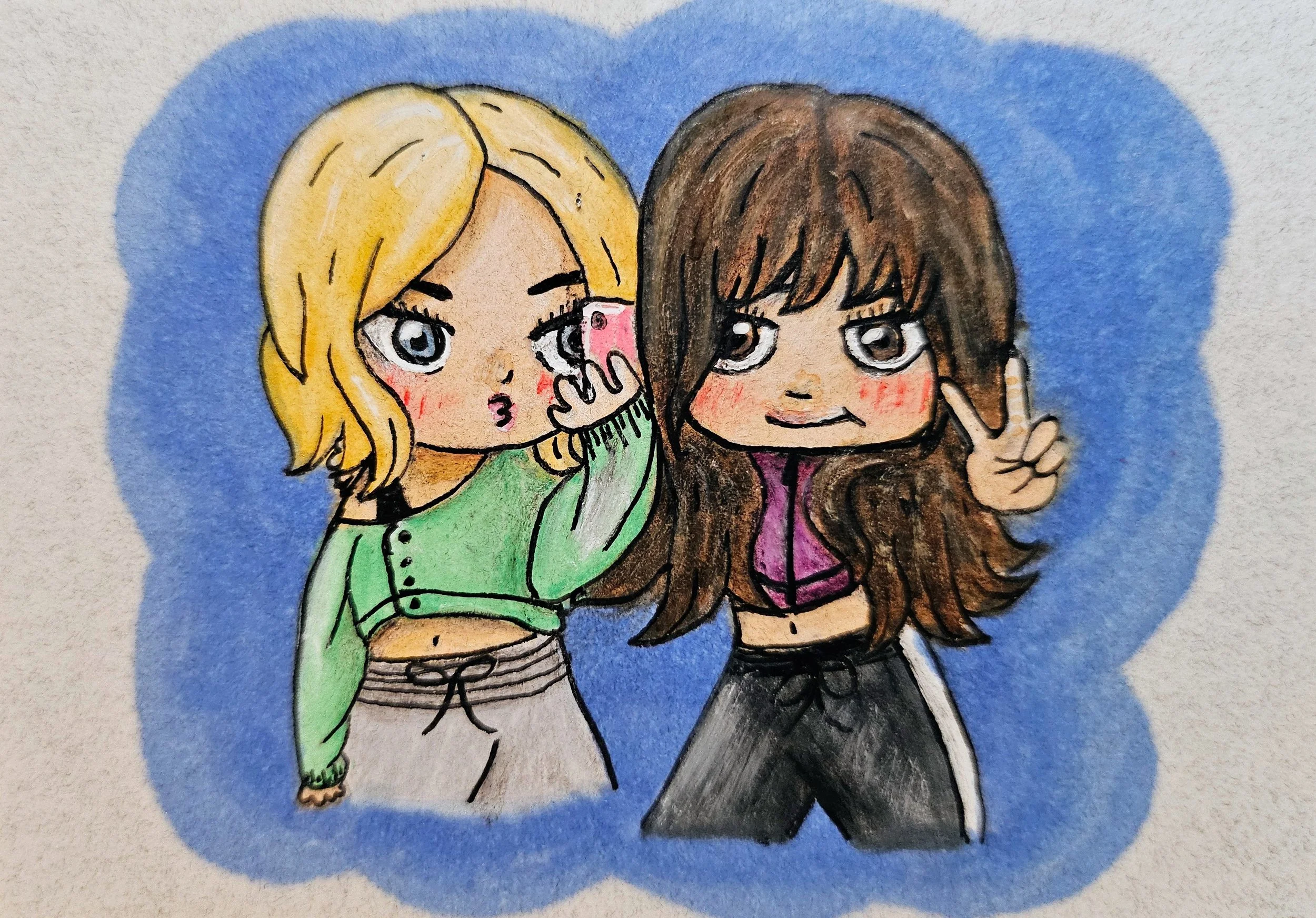 Colorful drawing of two girls taking a selfie, one with blonde hair and the other with brown hair, both with big eyes and blushing cheeks, against a blue background.