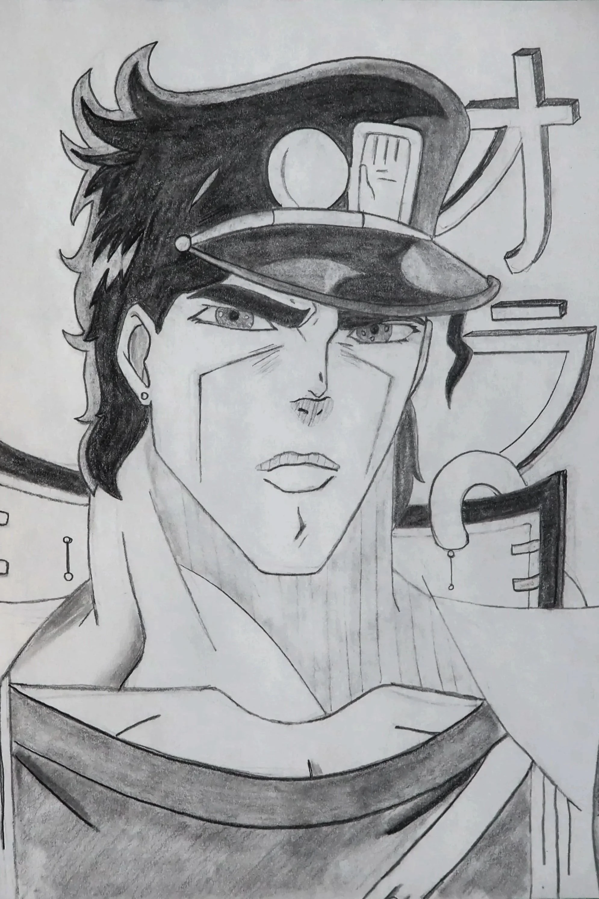 A pencil sketch of a woman with short, wavy hair, wearing an astronaut helmet and suit. The helmet has a visor, and the woman has a serious expression with detailed eyes and lips. There is a large cross symbol in the background to the right of her head.