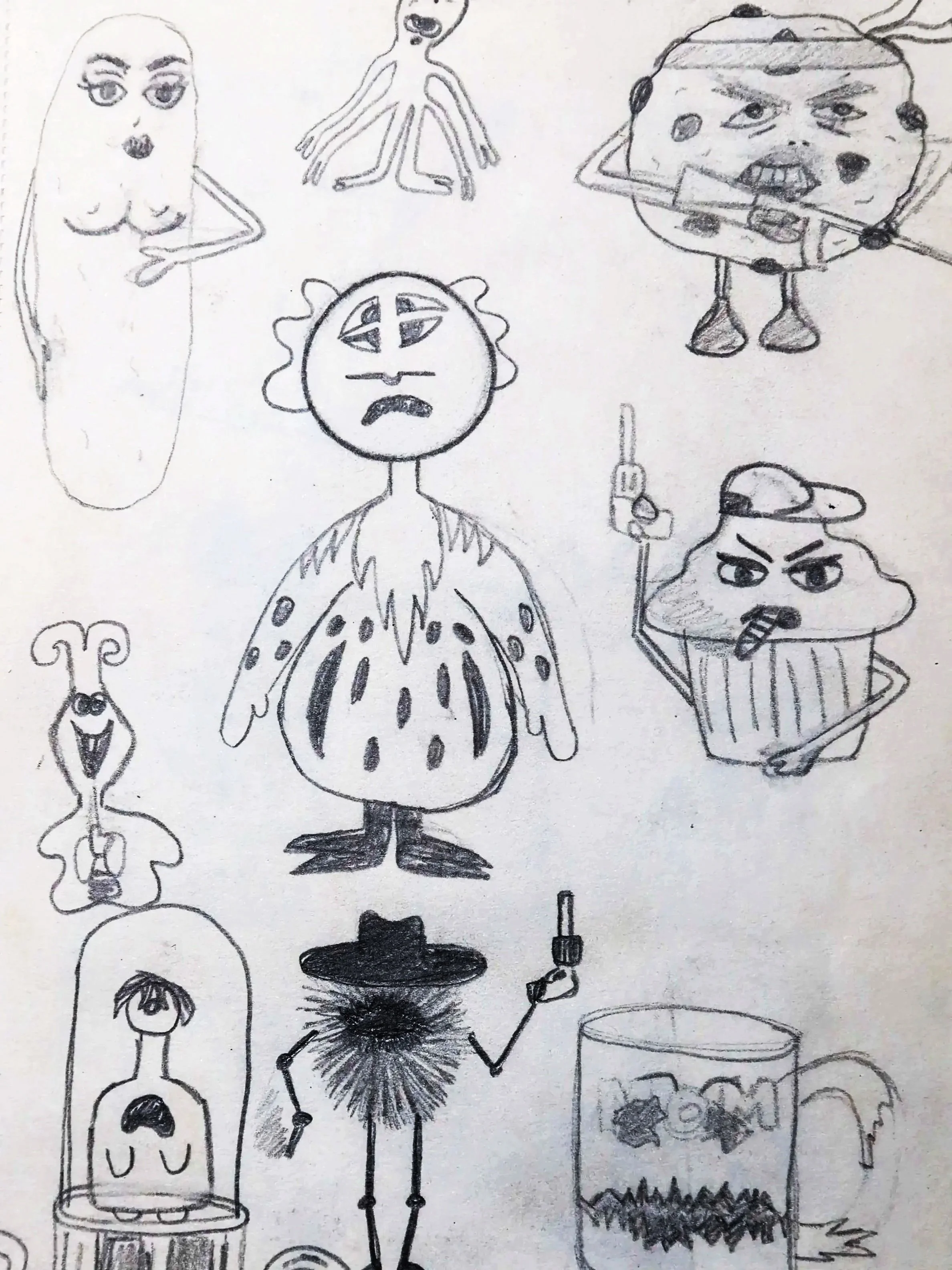 A collection of hand-drawn cartoon characters, including a tall woman with long hair, a creature with six legs, a round character with a worried expression, a character with cheetah spots and a toga-like outfit, a person with a staff, a steaming cup with a face, and other abstract or animal-like figures.