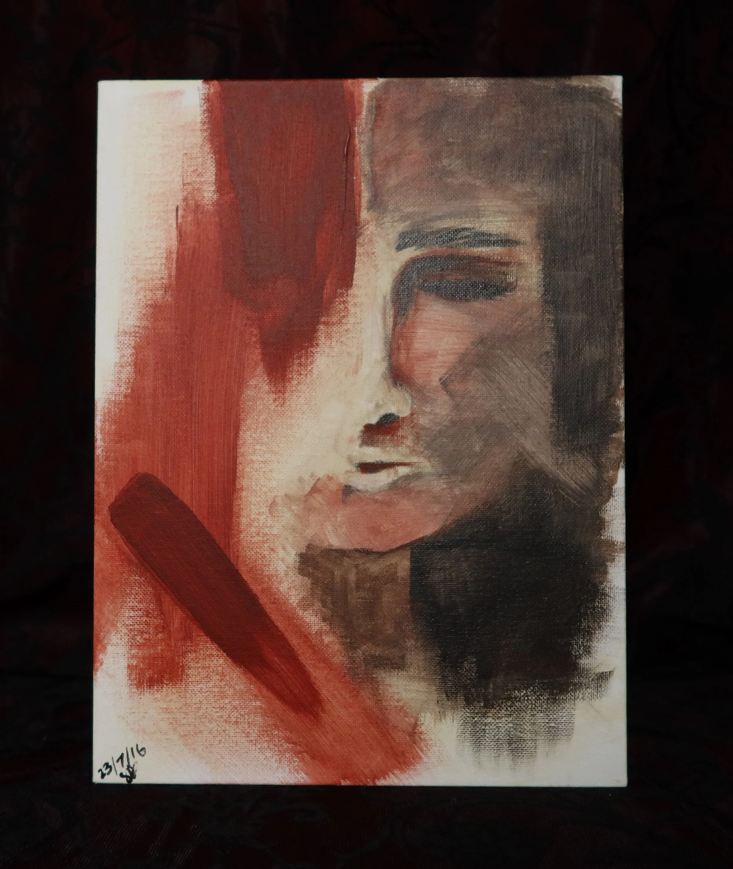 Close-up of a painting of a woman's face, with visible brushstrokes, focusing on her eye, brow, and part of her nose and lips. A signature or date is visible in the lower left corner.