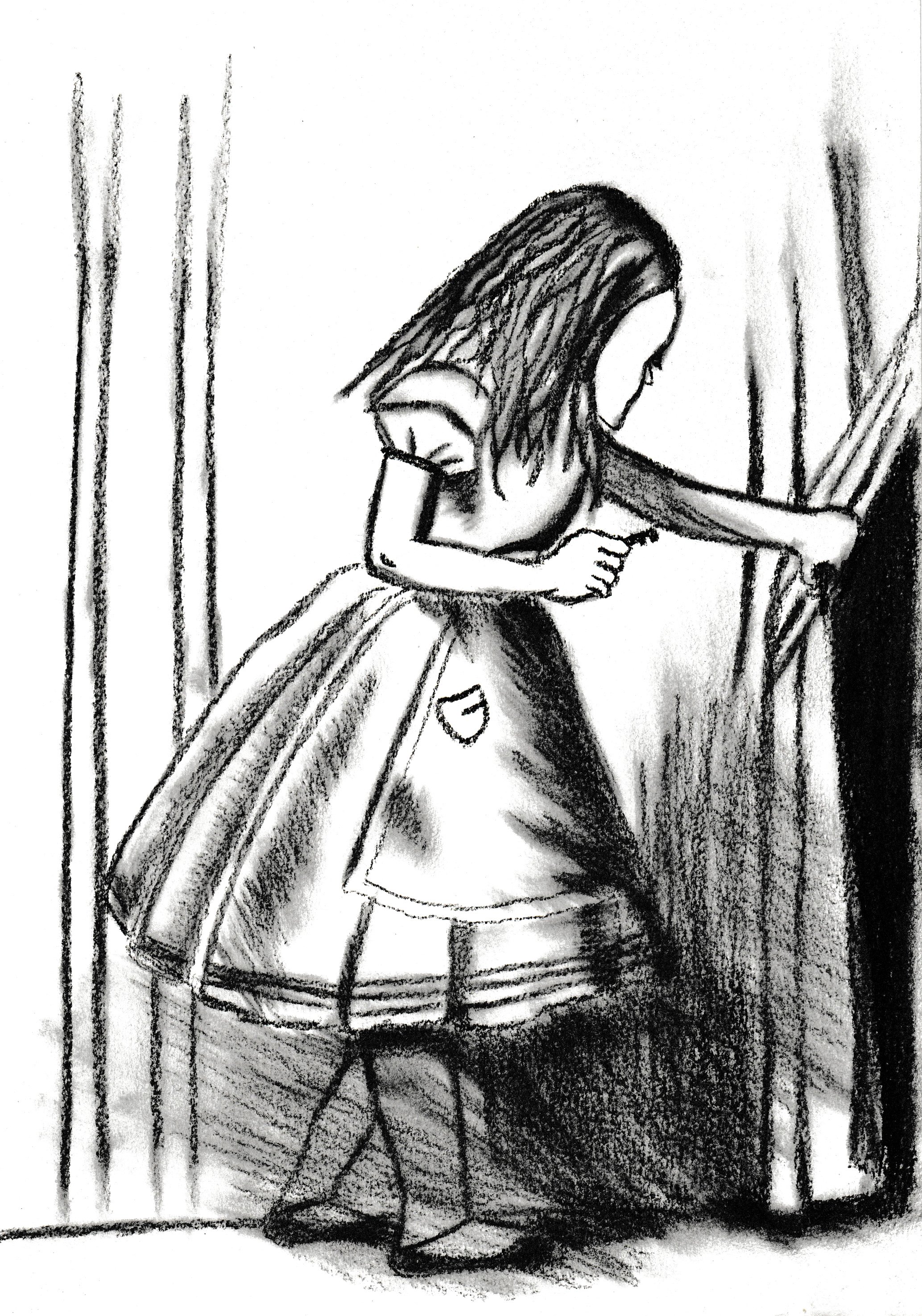 A black and white drawing of a girl with long hair leaning on a railing, looking downward, with a trash can or bucket beside her, and some vertical bars or columns in the background.