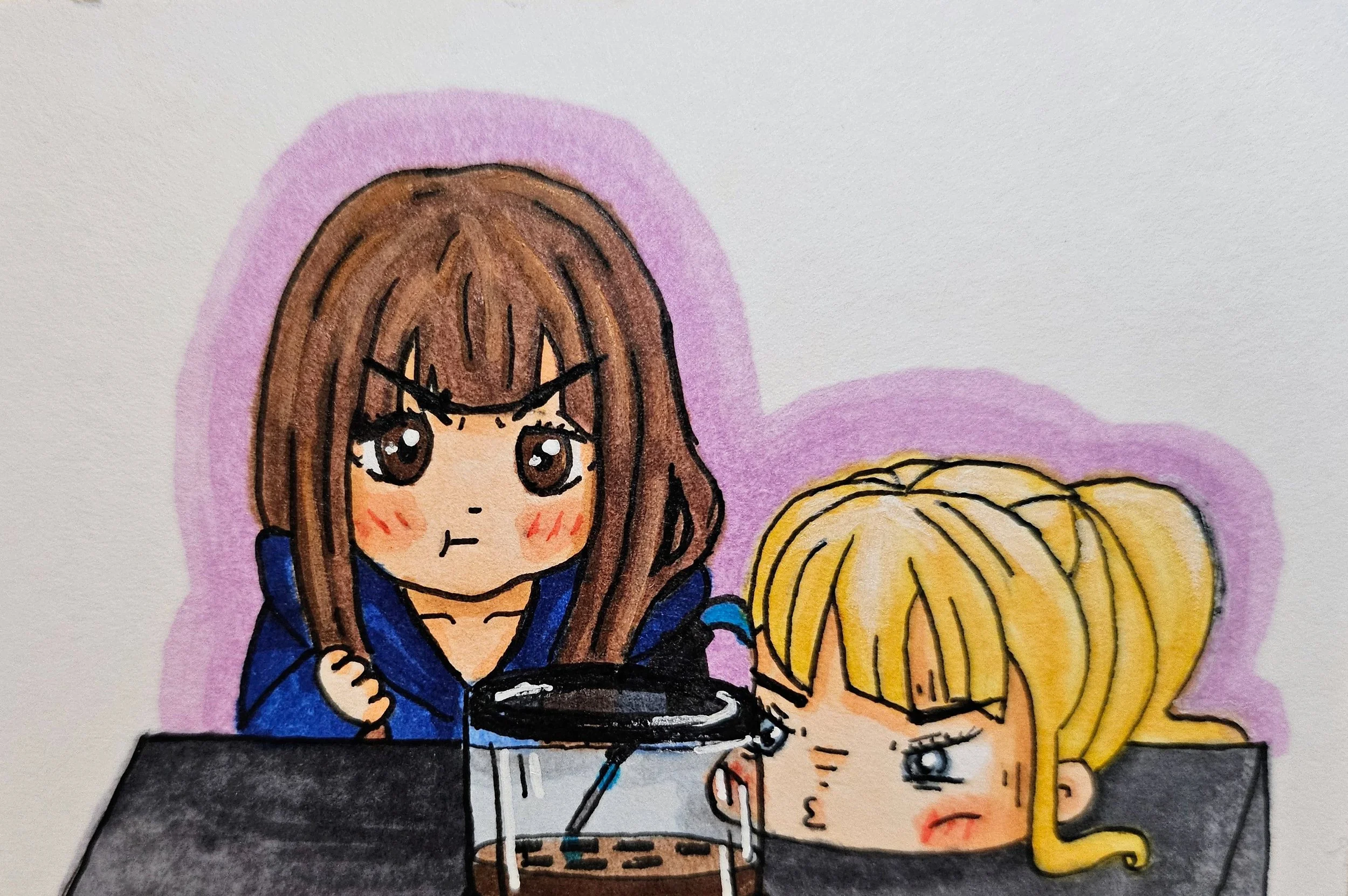 Hand-drawn anime-style illustration of two girls sitting at a desk, watching something on a laptop. One girl has brown hair and is wearing a blue top, while the other girl has blonde hair in braids and is wearing glasses and a grey top. There is a pu