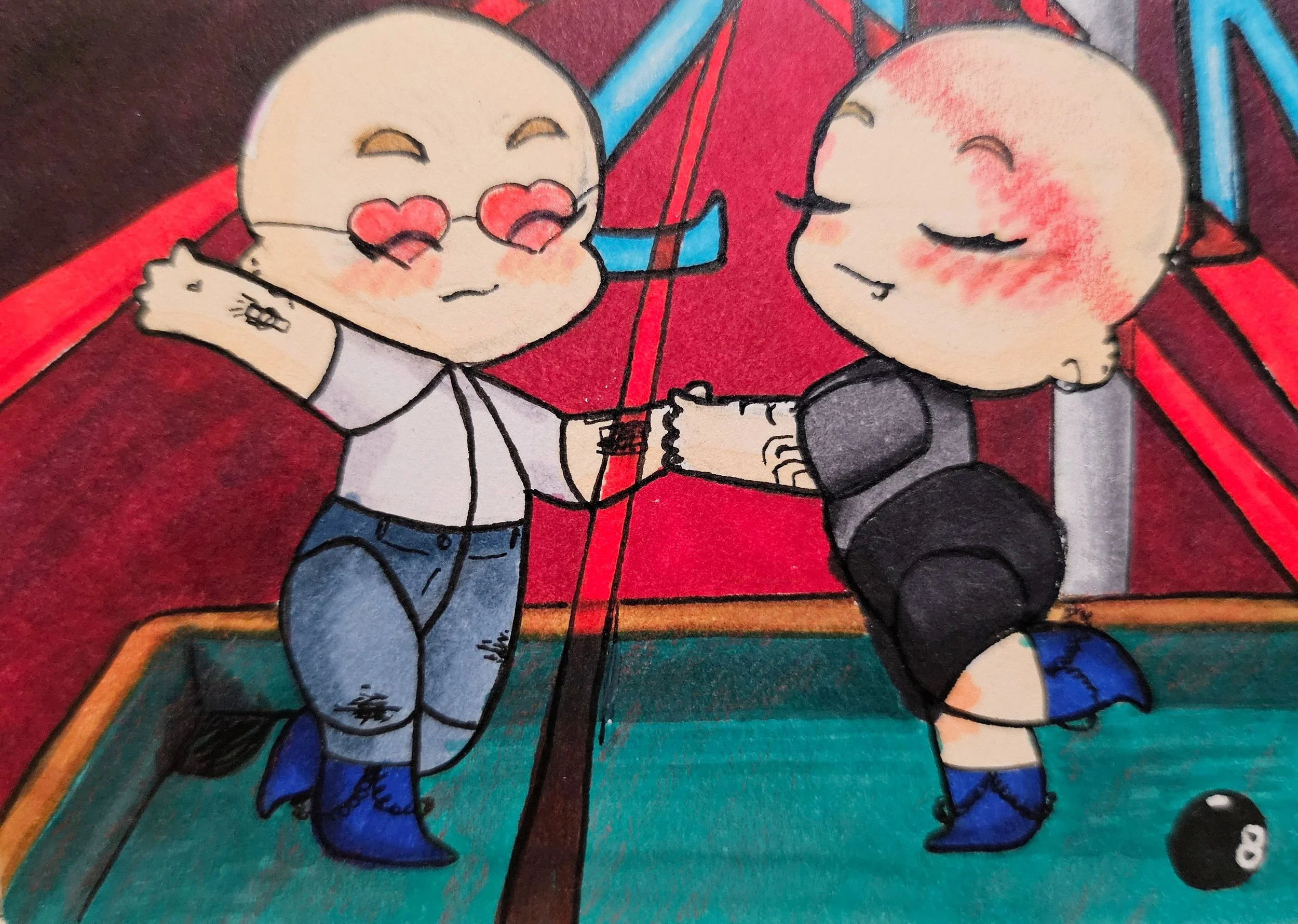 Colorful drawing of two children holding hands and sharing an umbrella. The girl on the left is wearing glasses with heart-shaped lenses, a white shirt, jeans, and blue shoes. The boy on the right is dressed in a black jacket, black shorts, and blue 