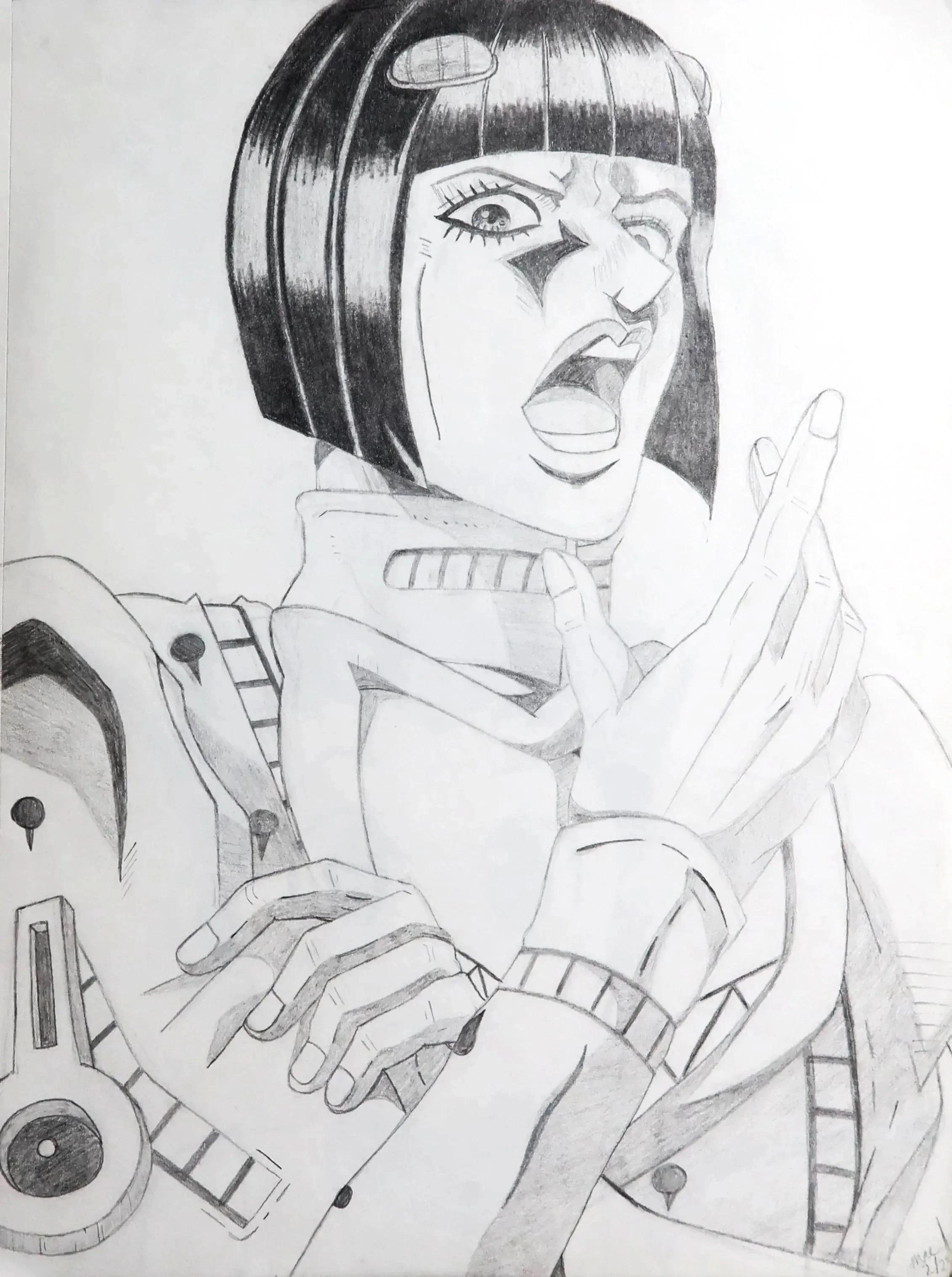 Black and white sketch of a person with short hair making a surprised or expressive face, holding a phone, with various geometric shapes and circles around them.