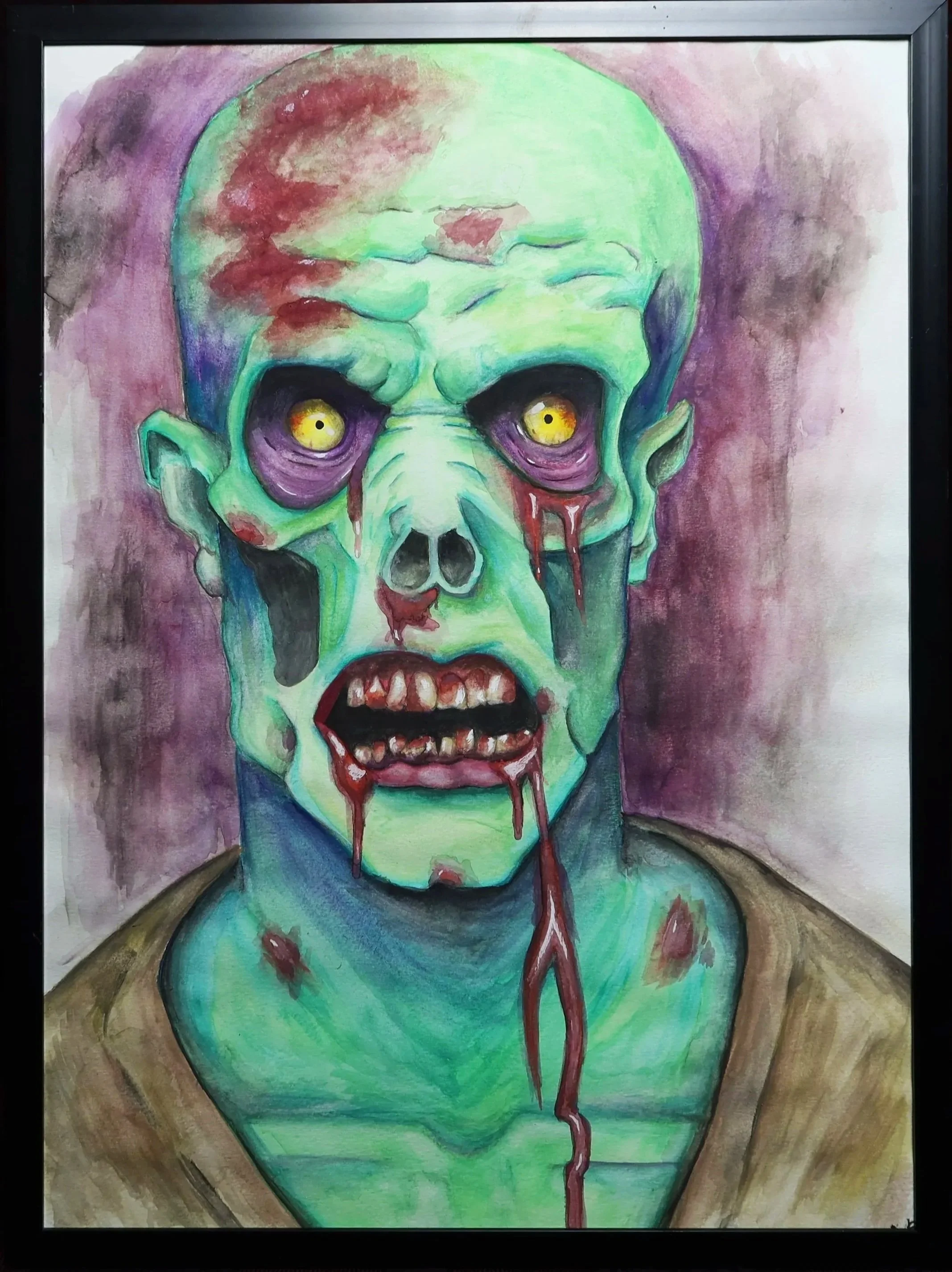 A watercolor painting of a zombie with green skin, yellow eyes, blood on face, and blood dripping from mouth, set against a muted background.
