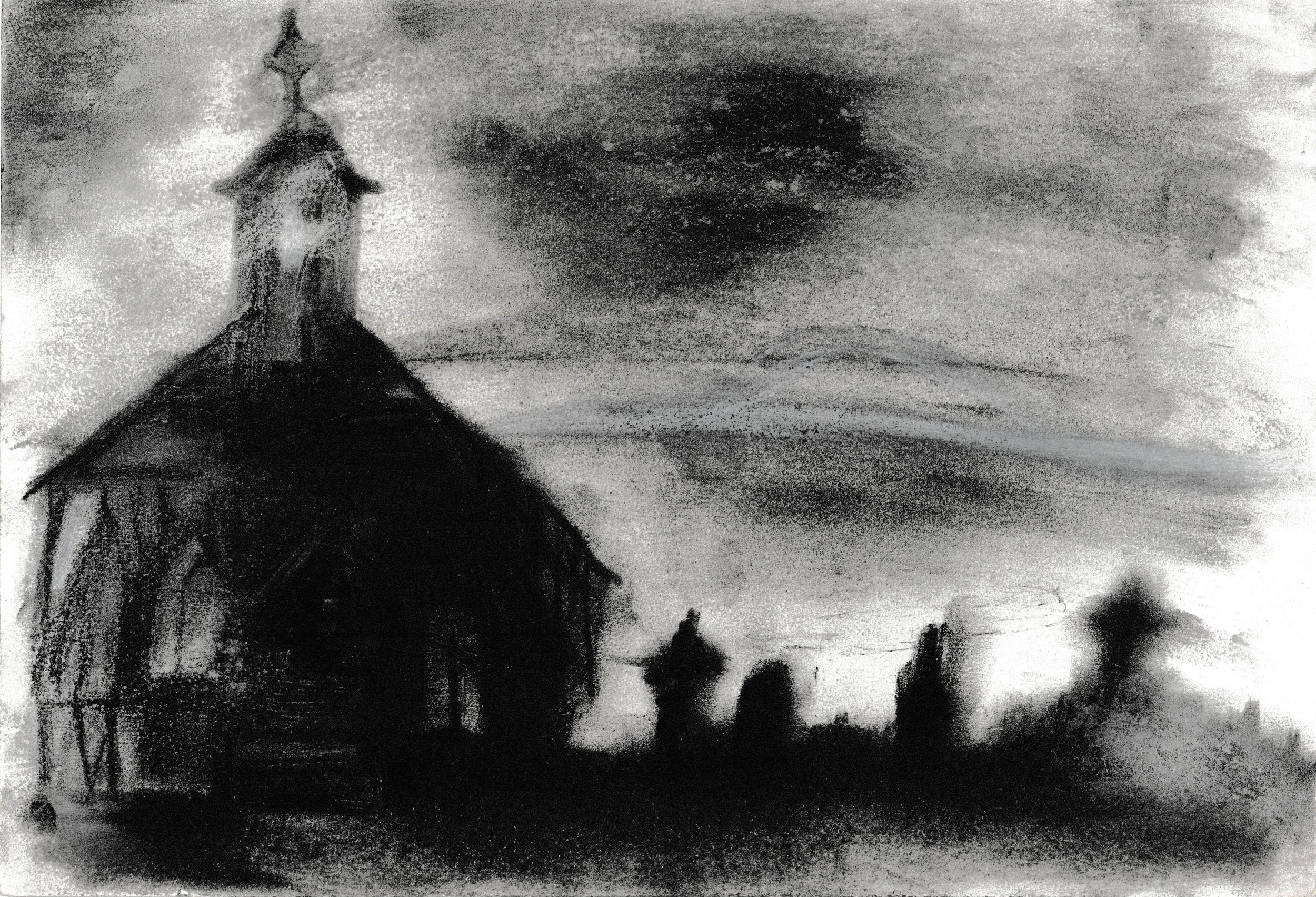 A black and white sketch of a church with a tall steeple surrounded by trees and a cloudy sky.