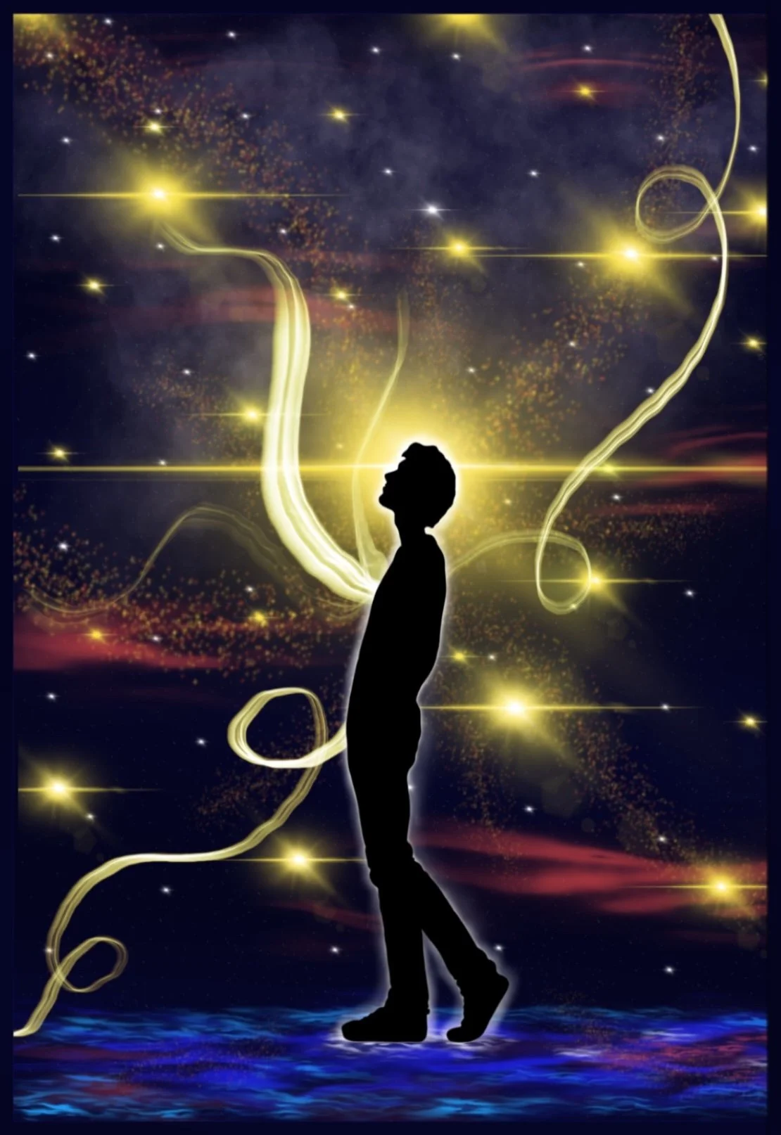 A silhouette of a person standing against a cosmic background filled with stars, bright yellow light, and swirling golden lines.