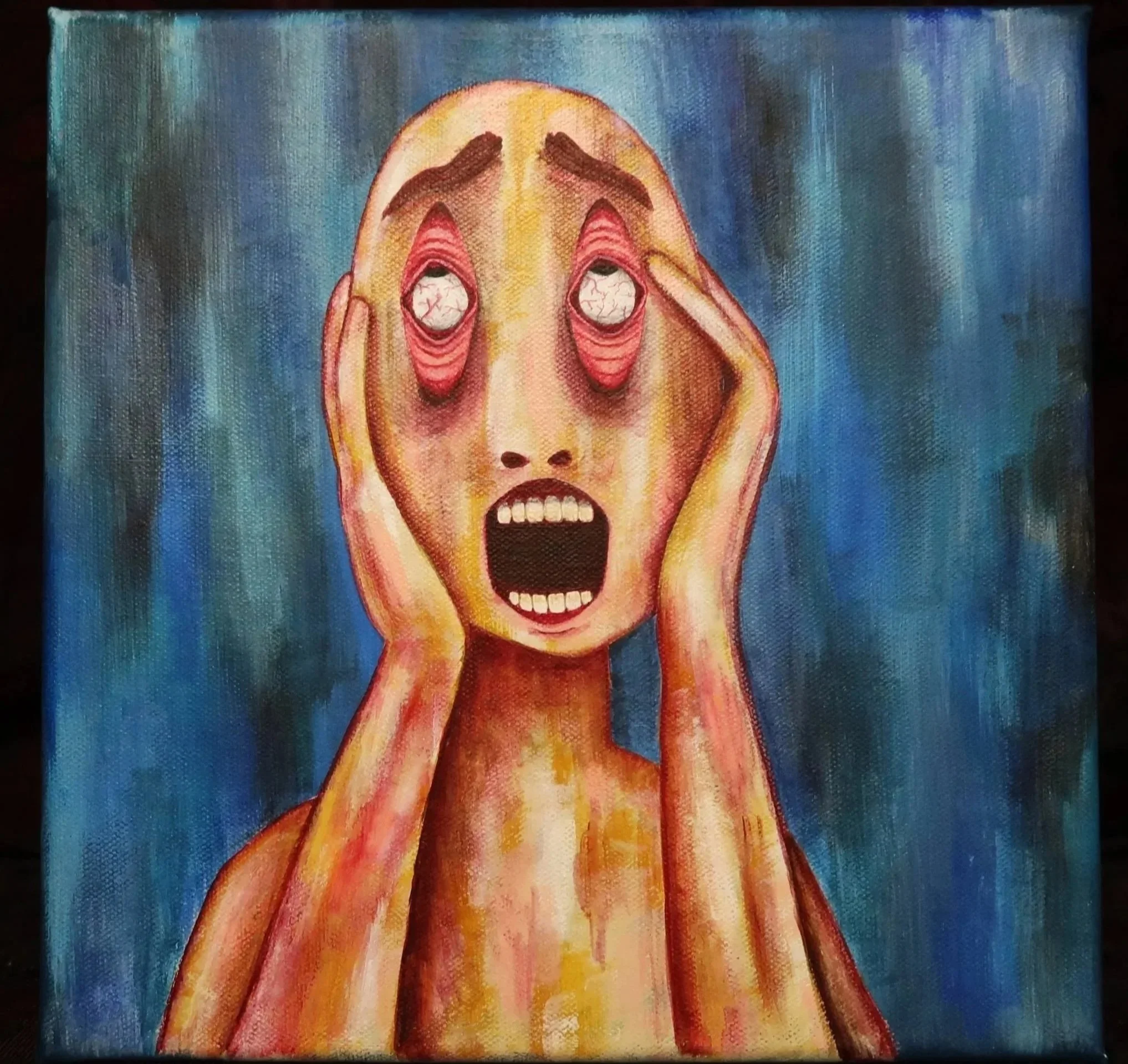 A colorful painting of a person's face with a large, open-mouthed expression and wide eyes, with hands pressed against the sides of their head, set against a blue background.