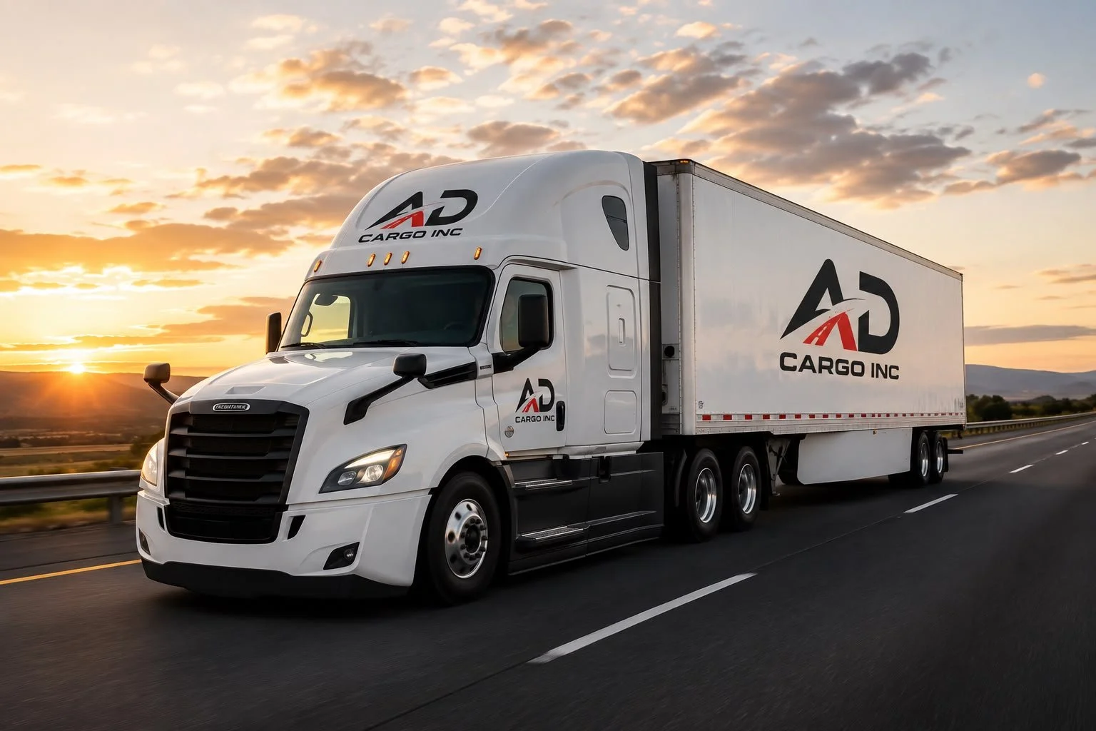 A white AD Cargo Inc semi-truck driving on a highway at sunset with a scenic background of mountains and a partly cloudy sky.