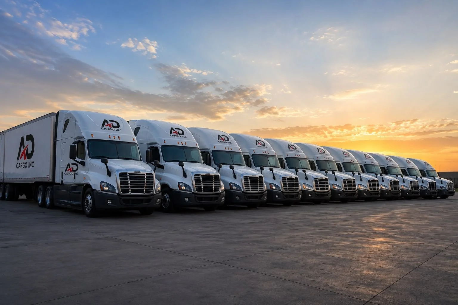 Line of white cargo trucks with AD Cargo Inc logos parked on a concrete lot at sunset.