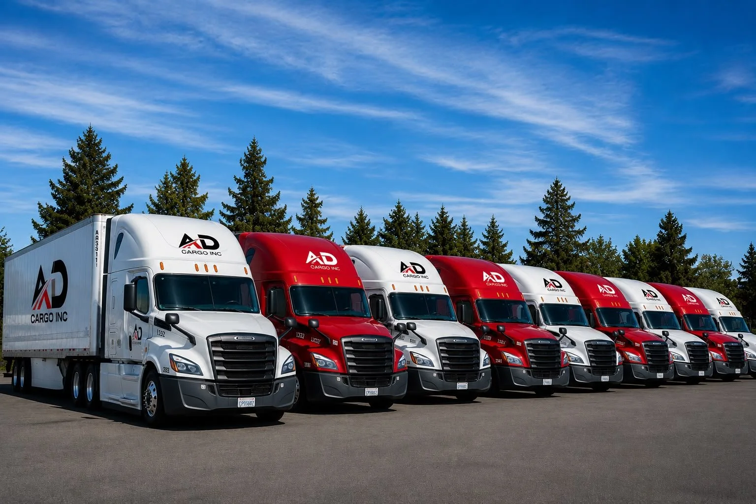 Line of six large semi-trucks parked on a paved lot with tall pine trees and a blue sky with wispy clouds in the background, trucks are white and red with black grilles and have 'AD Cargo Inc' logos on the front and sides.
