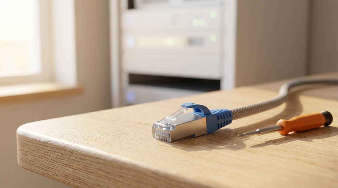 An Ethernet cable and a small screwdriver on a wooden surface with a blurred background of a window and a white electronic device.
