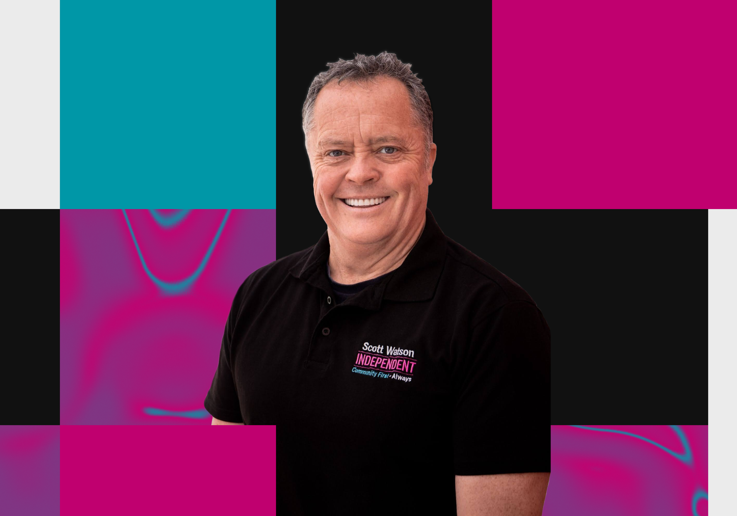 A man in a black polo shirt with campaign slogans, smiling, with a colourful, abstract background that includes teal, pink, purple, and black sections.