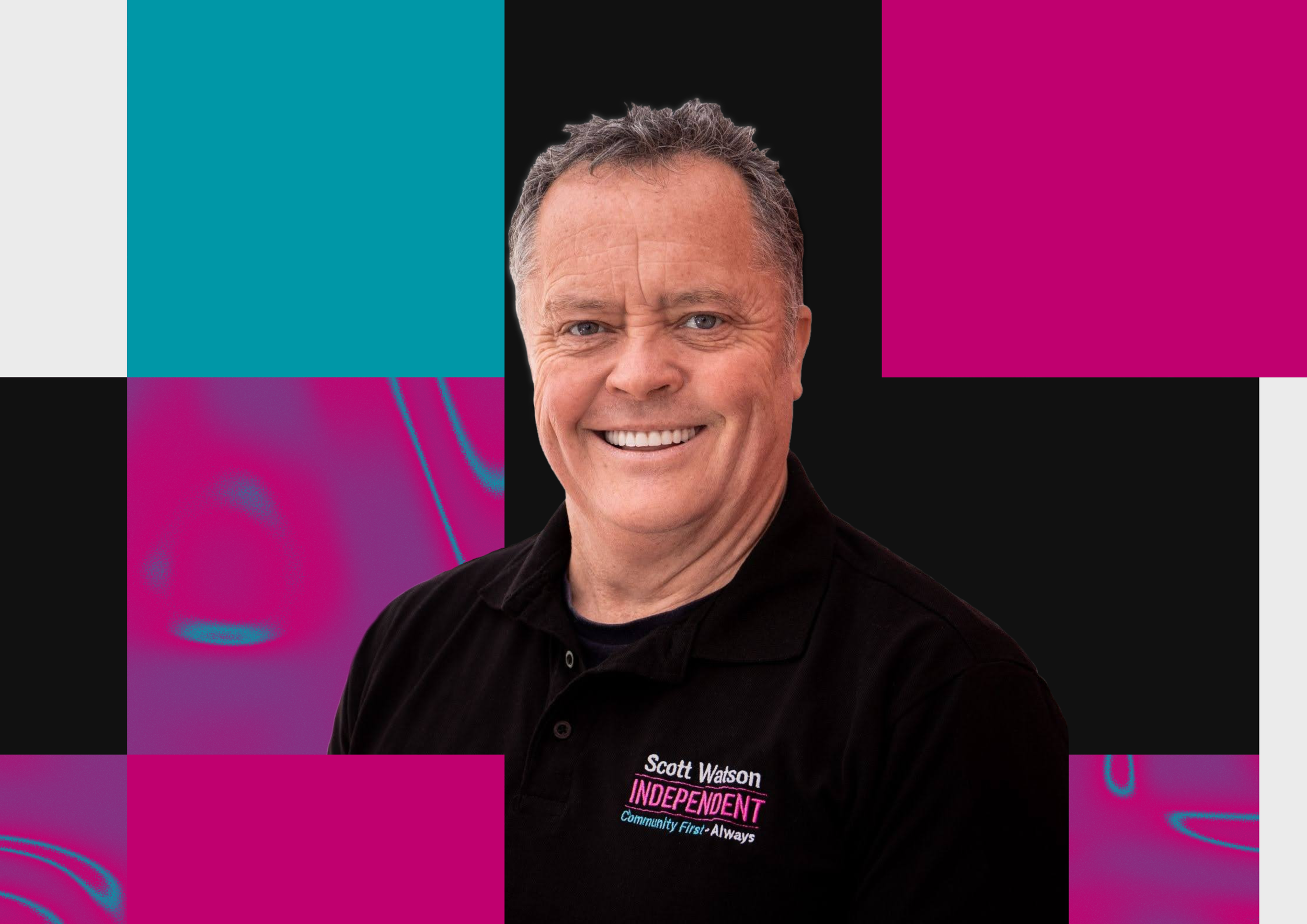 A man in a black polo shirt with campaign slogans, smiling, with a colourful, abstract background that includes teal, pink, purple, and black sections.