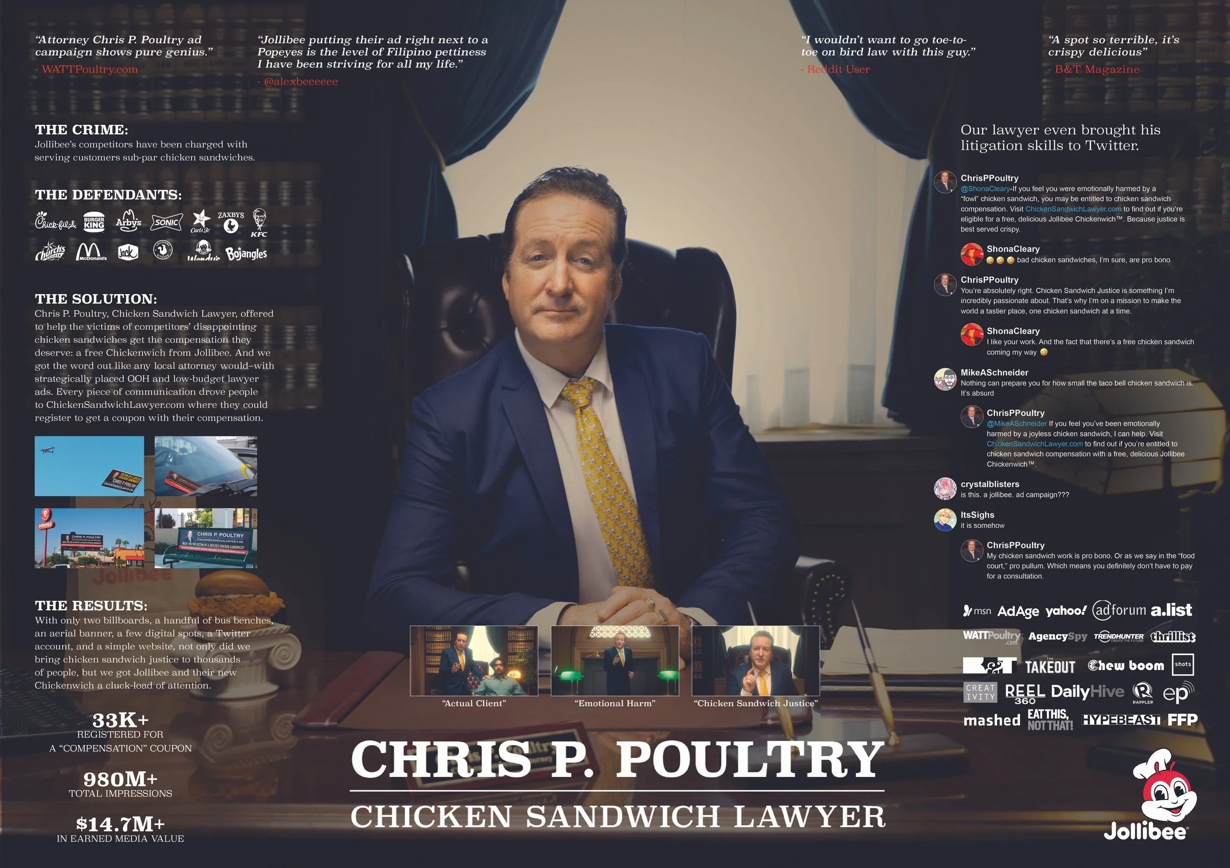 One-pager that summarizes the Chris P Poultry launch campaign for Jollibee's Chicken Sandwich