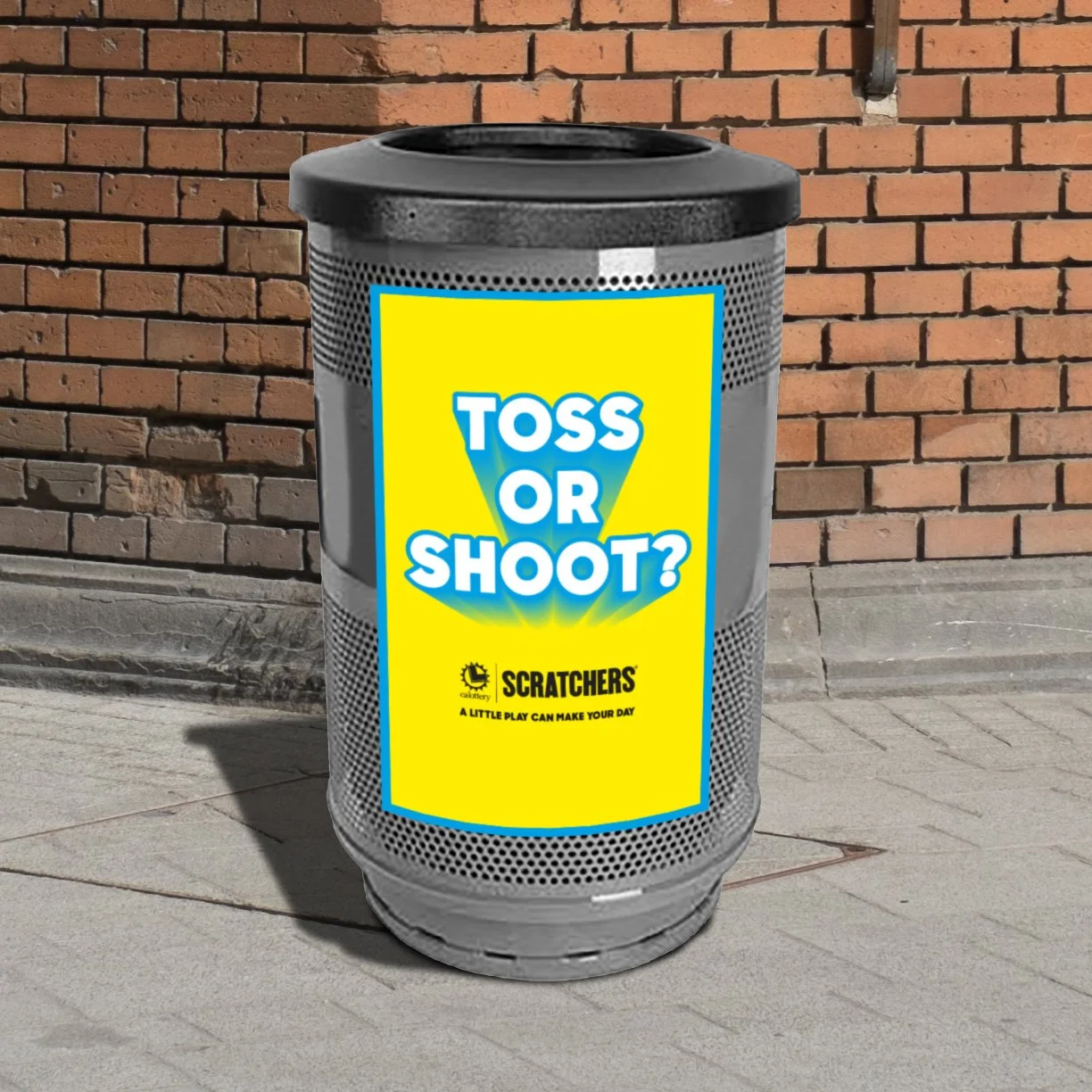 Experiential launch  placement asking if you 'TOSS OR SHOOT?' paper into trash cans to promotes the fun of play,