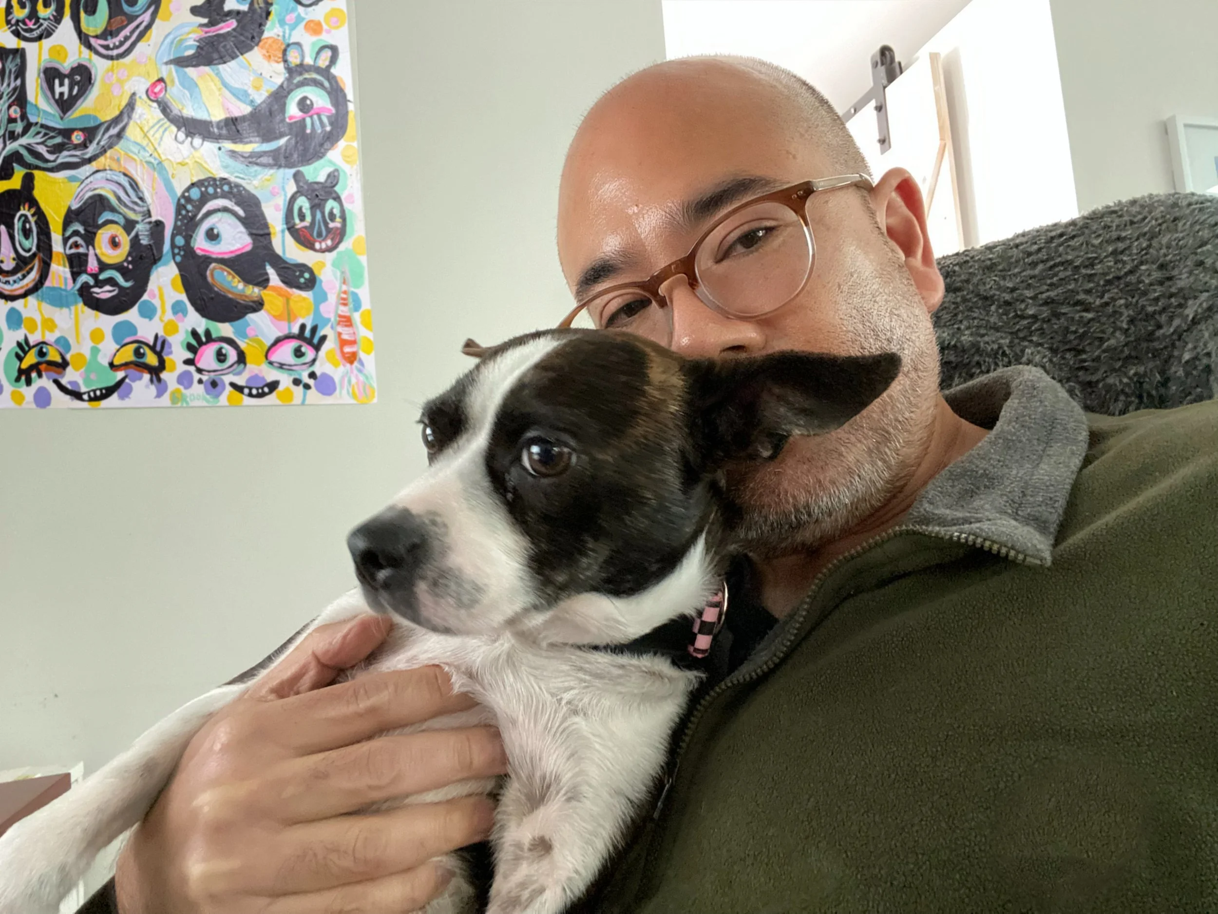 A man with glasses holding a black and white dog close to his face, sitting on a greenish couch. In the background, there is a colorful abstract painting on the wall.