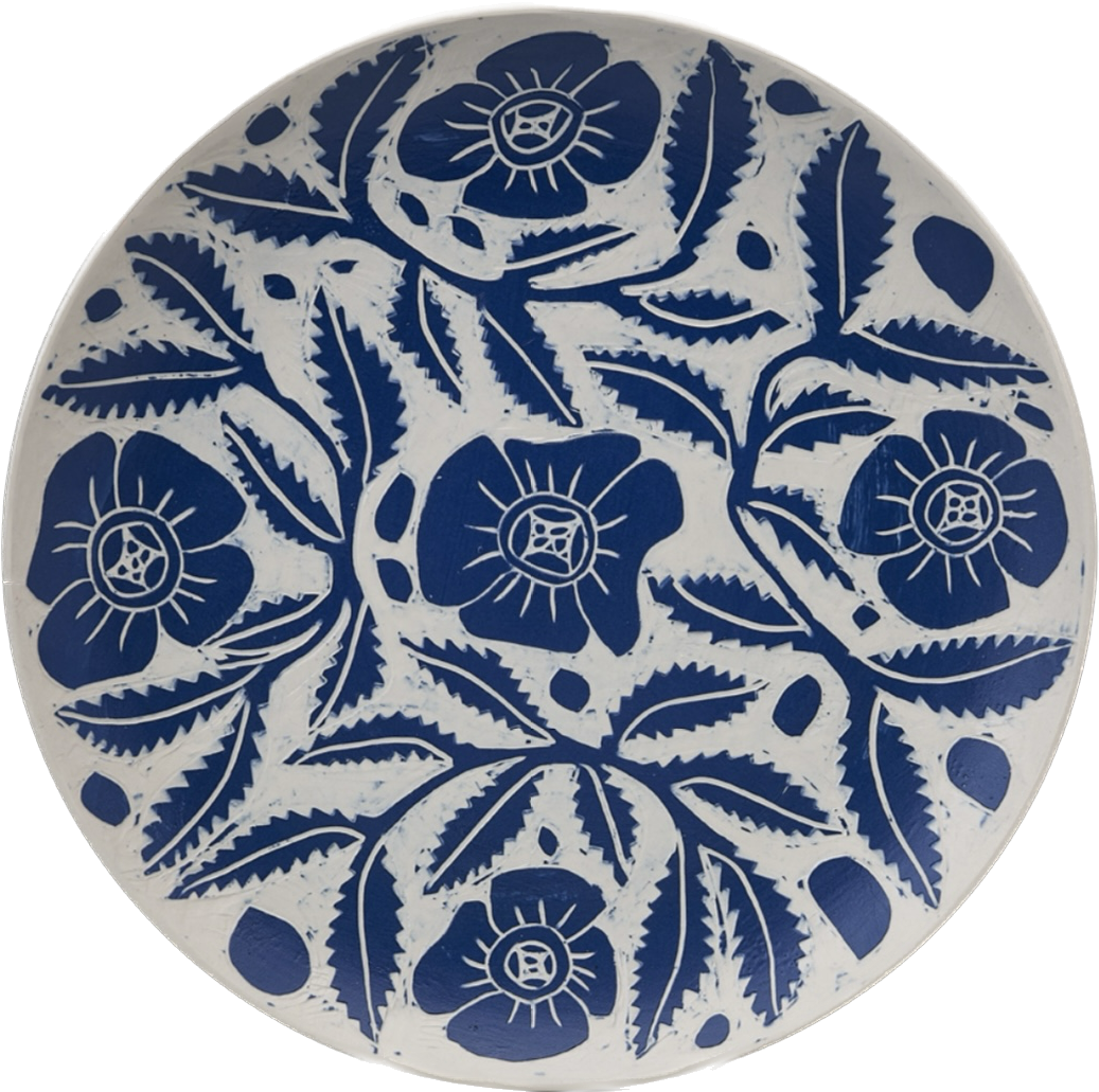 Dimity Kidston sgraffito hand carved ceramic plate with a blue and white floral design featuring large flowers, leaves, and smaller accent details.