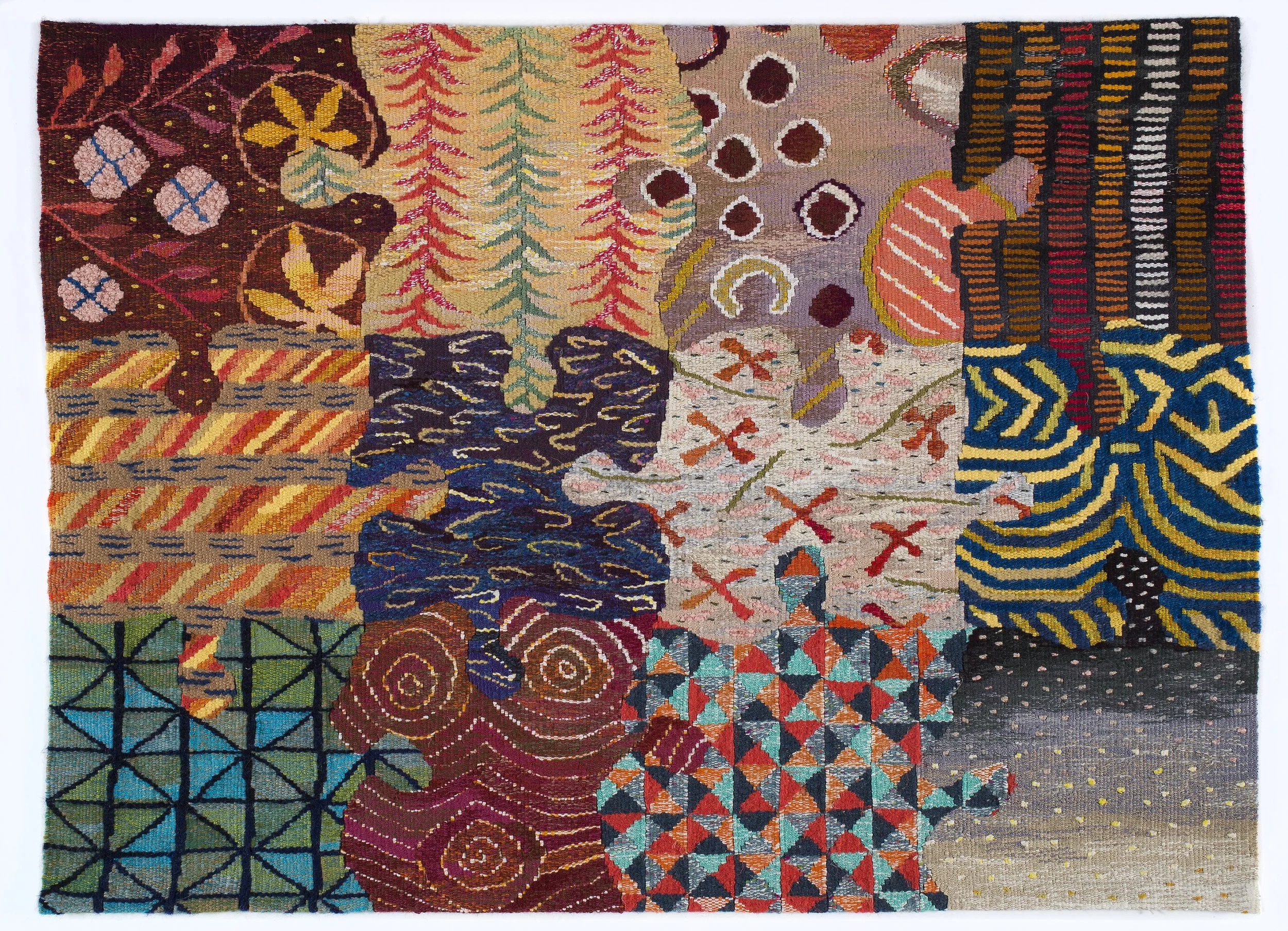 A colorful woven tapestry with jigsaw design, inspired by world textiles.