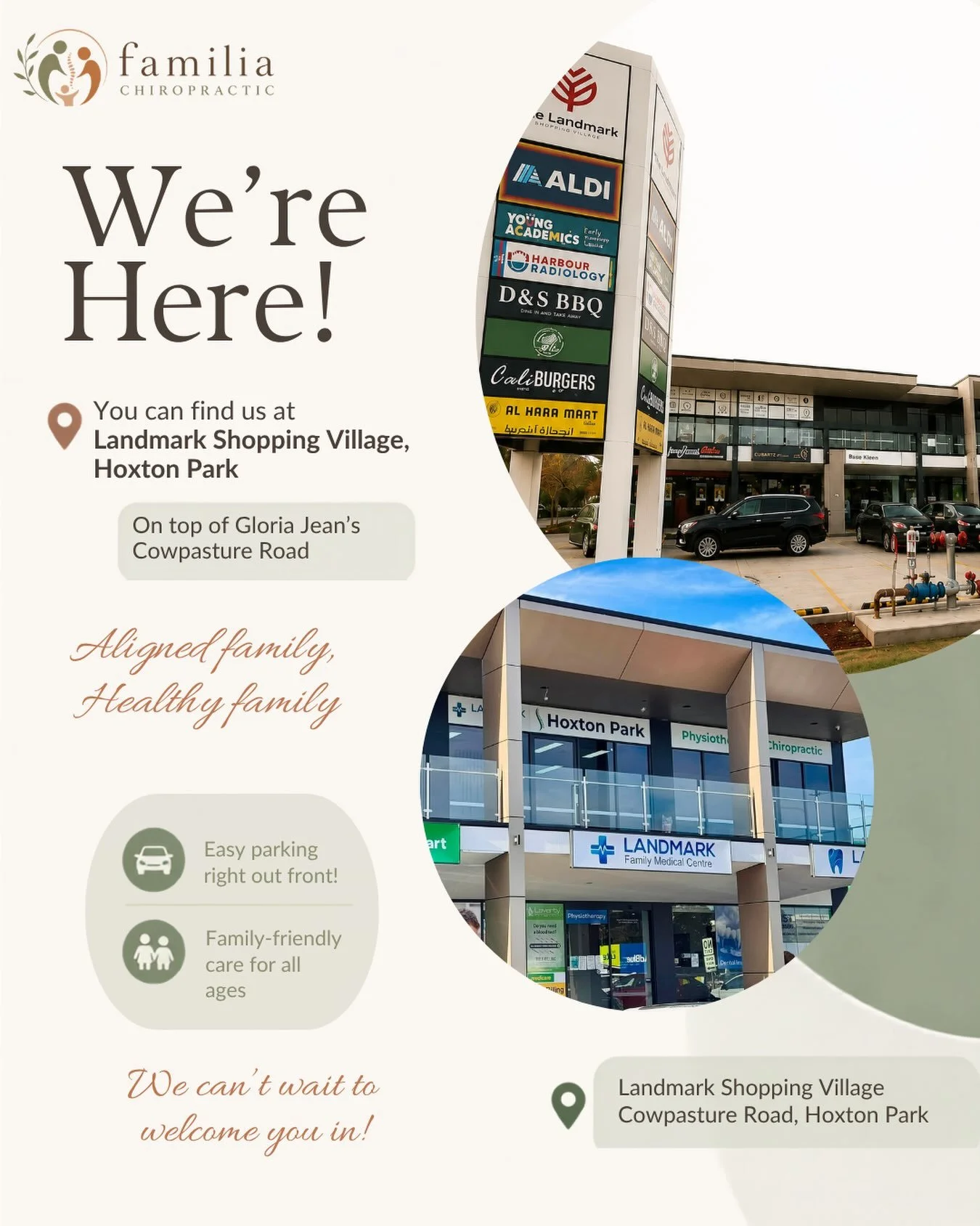 📍 We&rsquo;re officially here! 🤎

Familia Chiropractic is located inside Landmark Shopping Village in Hoxton Park, right above Gloria Jean&rsquo;s on Cowpasture Road.

We&rsquo;re here to provide personalised chiropractic care for you and your fami